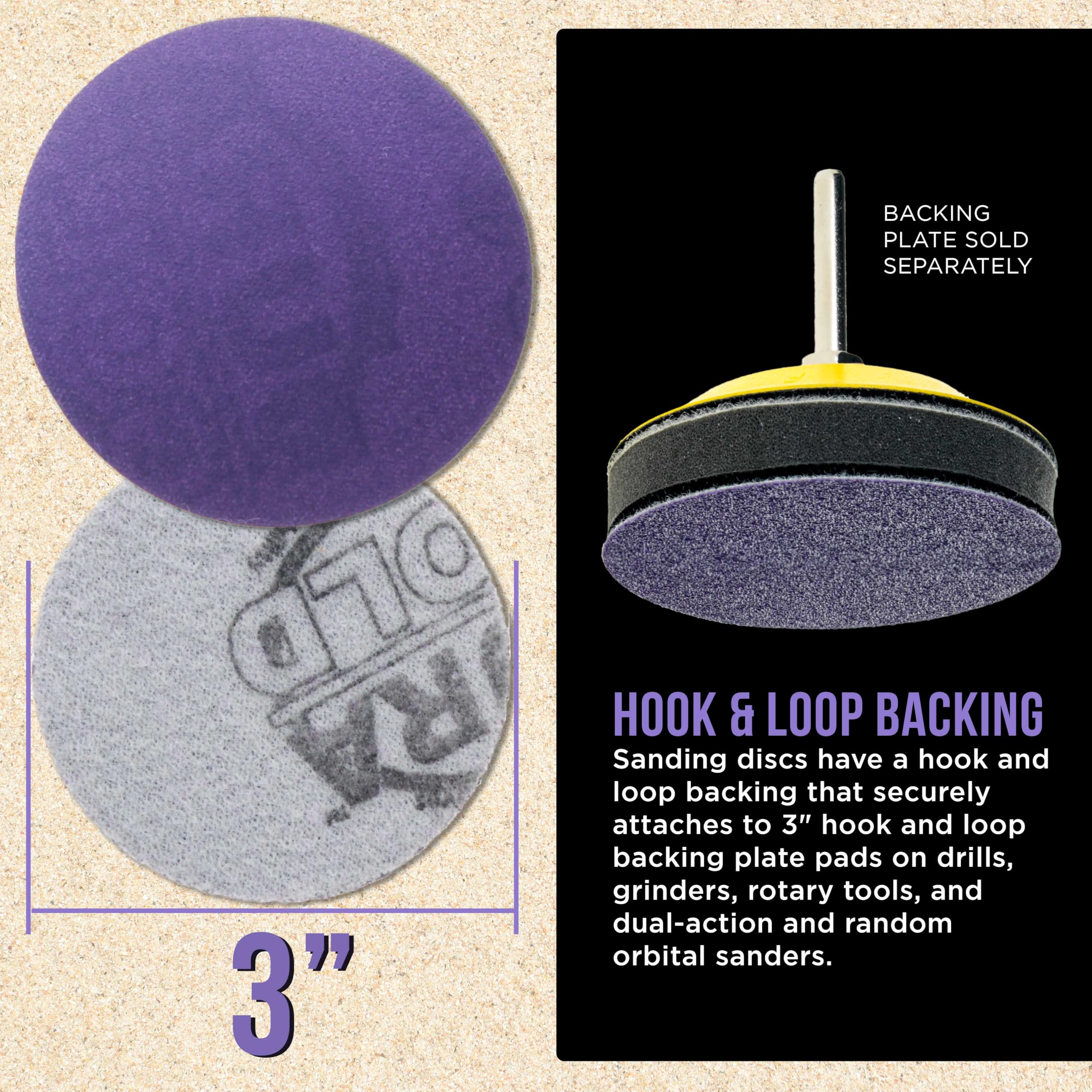 Dura-Gold Premium 320 Grit 3 Inch Purple Film Ceramic Sanding Discs - 30 Pack Hook & Loop Backing for DA Sander, Drill, Grinder, Rotary Tool - Perfect for Auto Body Paint, Metal, Wood Sanding & Woodworking Projects - Ideal for DIY, Automotive Repair & Furniture Refinishing