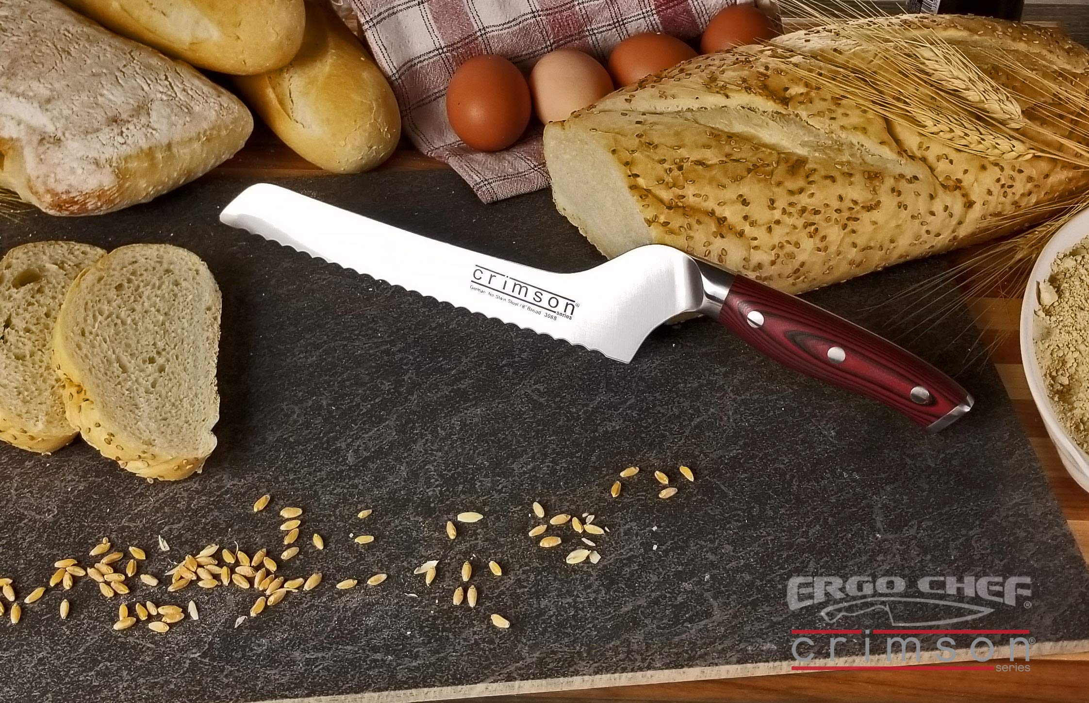 Ergo Chef Crimson Series 6-Piece Knife Set - 8-Inch Chef Knife, 8-Inch Bread Knife, 3.5-Inch Paring Knife with 3 Protective Blade Covers - Premium German Stainless Steel & Durable G10 Handle - Perfect for Professional Chefs & Home Cooking Enthusiasts