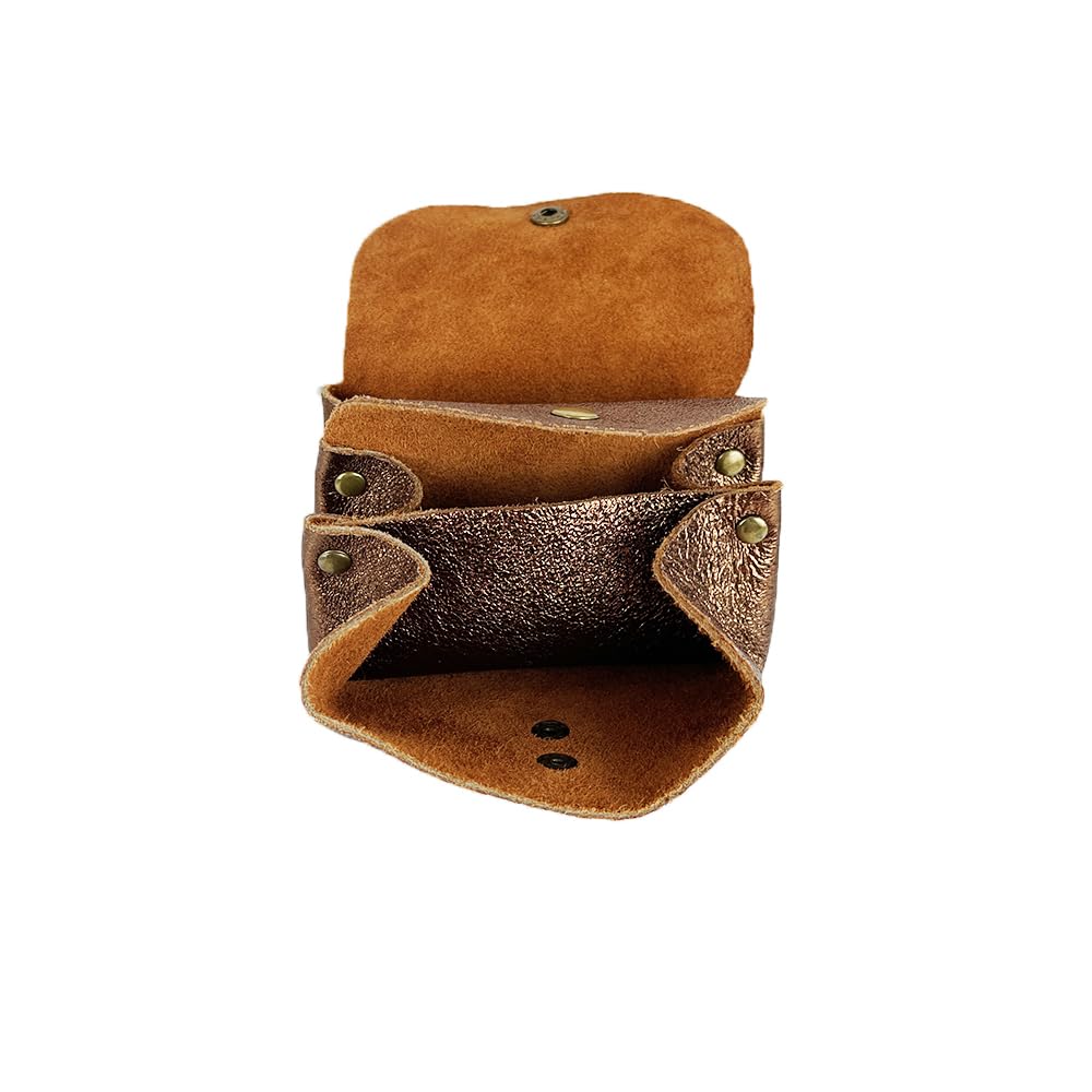 Genuine Metallic Leather Mini Accordion Coin Purse with Double Compartment & 3 Pockets - Handmade in Italy - Bronze Wallet for Women | Perfect for Organizing Coins, Cards & Cash On-the-Go