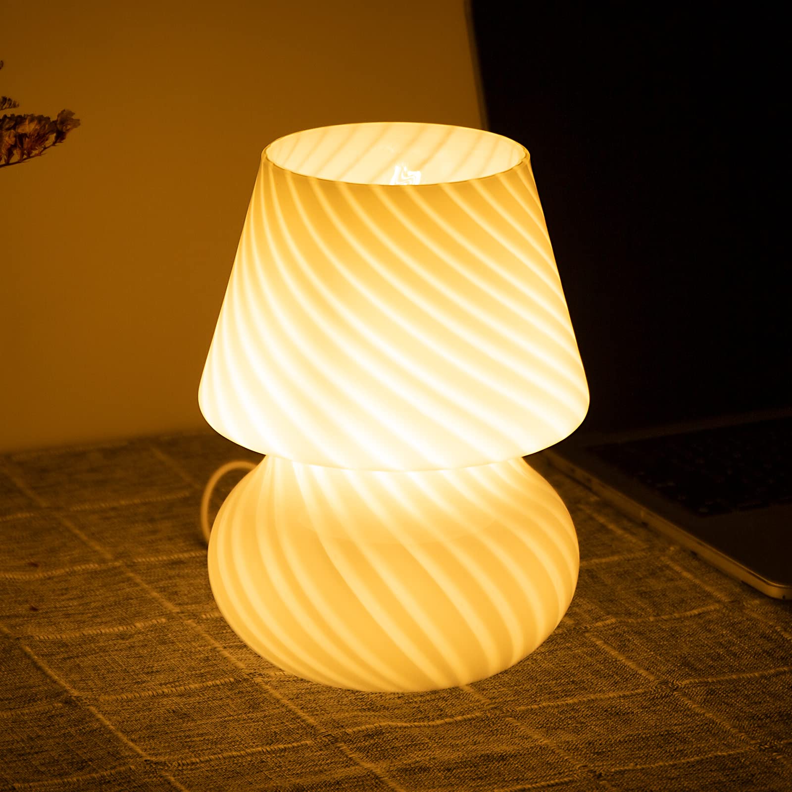 Vintage COOSA Mushroom Lamp - White Striped Glass LED Table & Bedside Night Light - Translucent Ambient Lighting for Kids Bedroom, Living Room Decor - Perfect Gift for Girls & Home Aesthetic