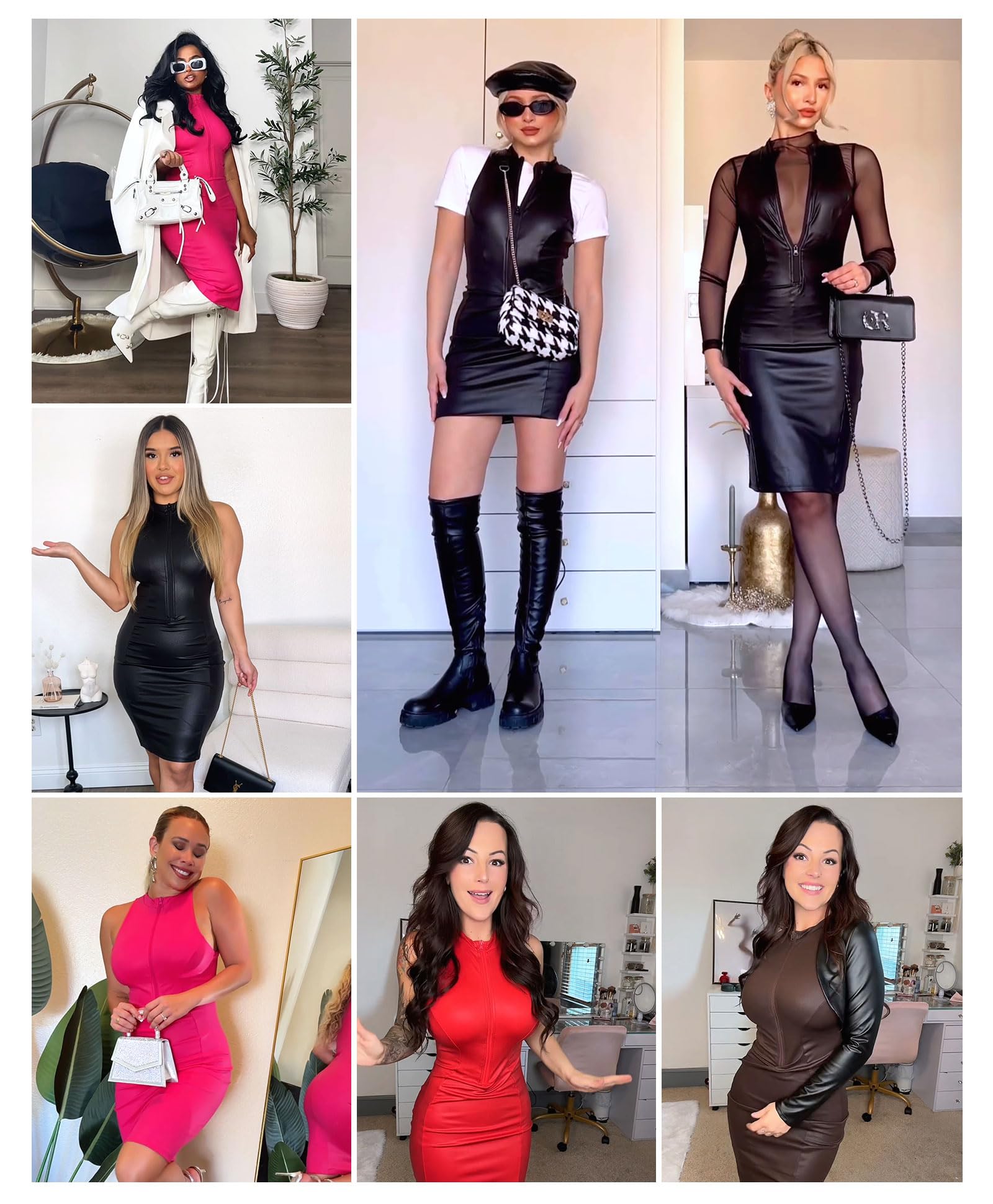 Popilush Women's Faux Leather Midi Dress with V-Neck - Slimming Shapewear Bodycon Dress for Date Night, Party & Evening Outfits - Sexy Formal Wear for Women