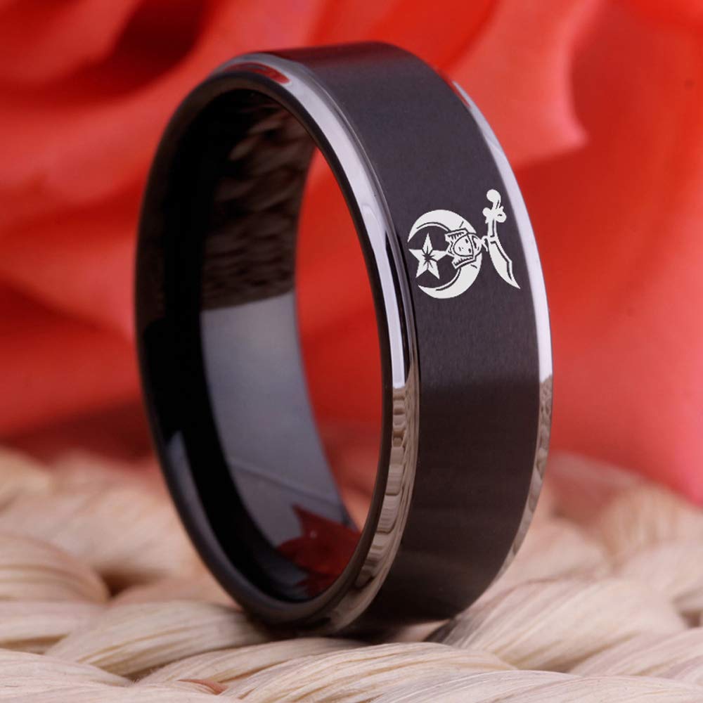 CLOAD DANCER Masonic Shrine Shriner Symbol Design 8mm Black & Silver Tungsten Carbide Wedding Band Ring - Free Engraving - Perfect for Fraternal Events, Ceremonies, and Anniversary Gifts