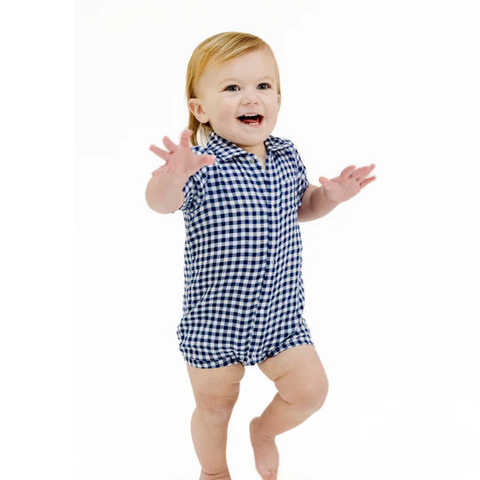 Muslin Button Down Polo Short Sleeve Shirt for Men - Navy Blue Gingham Print - Casual Summer Wear, Beach Outings, and Office Casual Style
