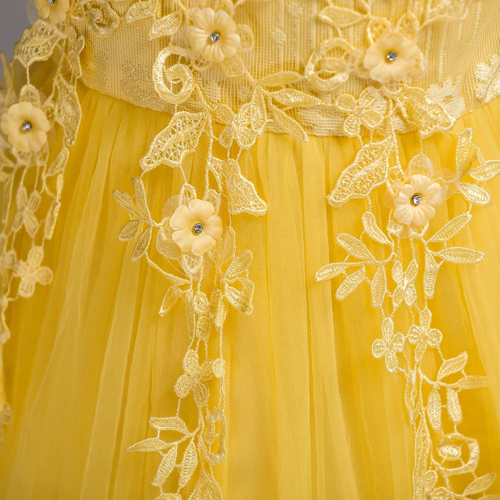 Elegant Yellow A-Line Round Floor-Length Lace Flower Girl Dress for Weddings, Baptisms & Special Occasions