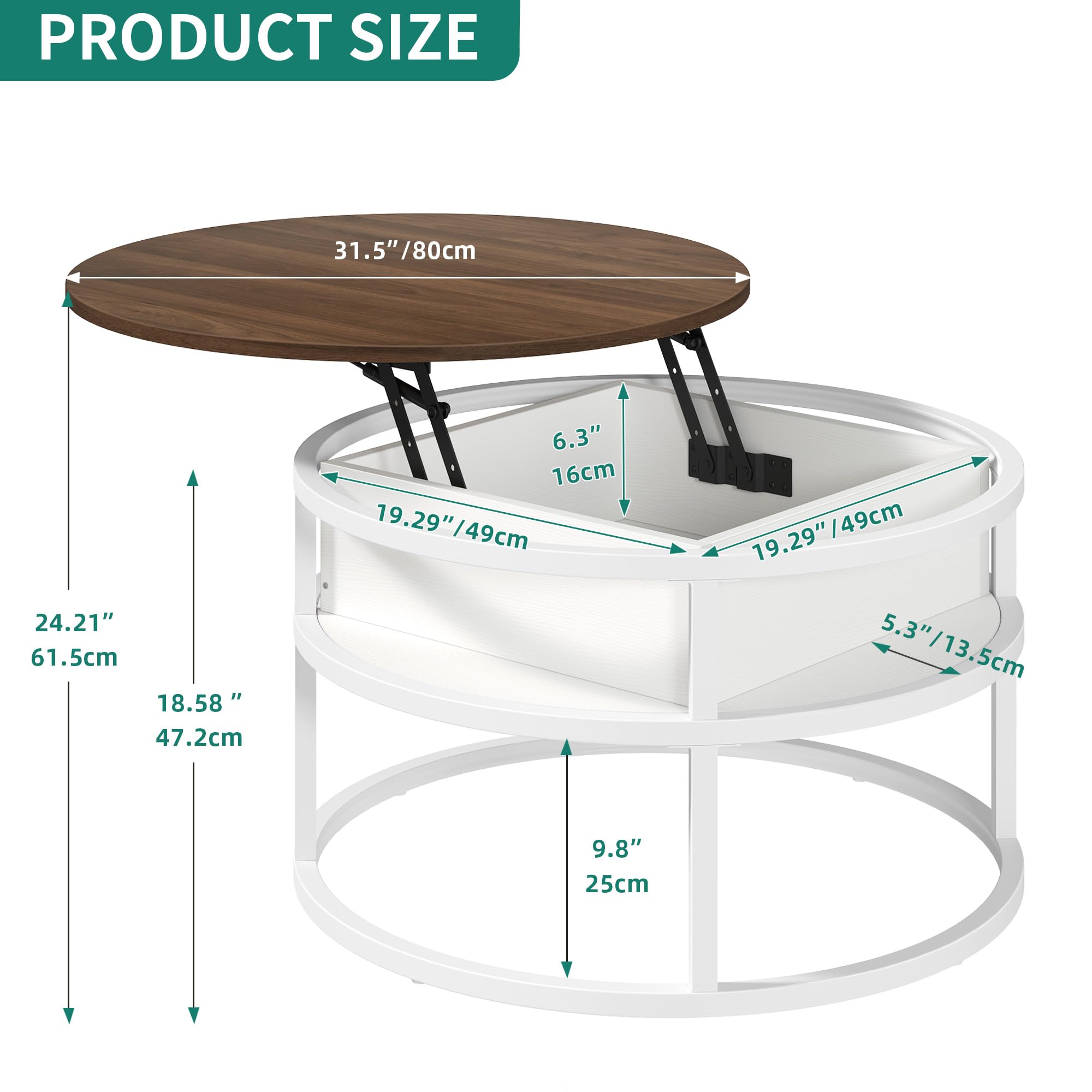 YITAHOME Round Lift Top Coffee Table with Hidden Storage - Modern Living Room & Home Office Center Table in Brown & White - Perfect for Small Spaces, Entertaining, and Stylish Storage Solutions