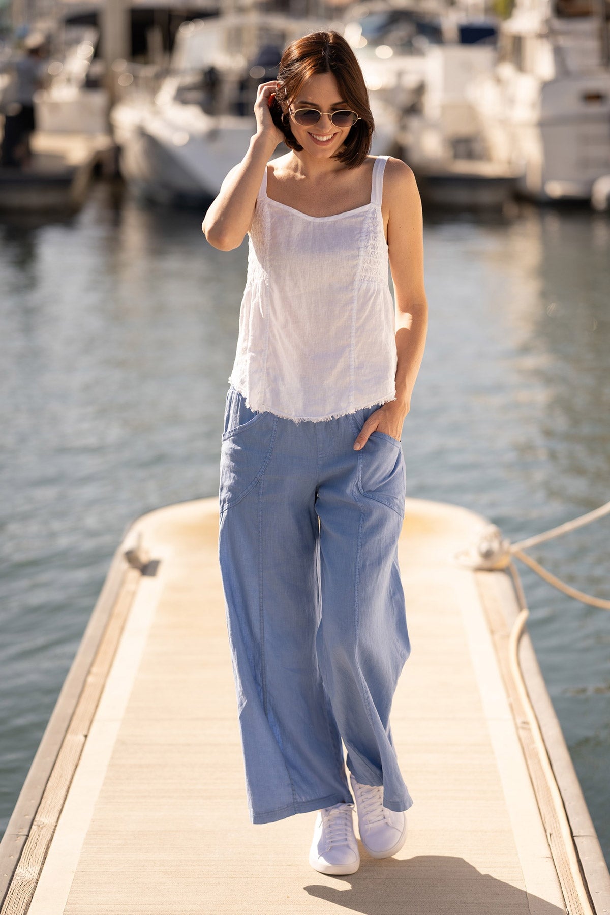 Fernley Women's Linen Ruched Tank Top - Breathable Summer Casual Blouse for Beach, Vacation & Everyday Wear