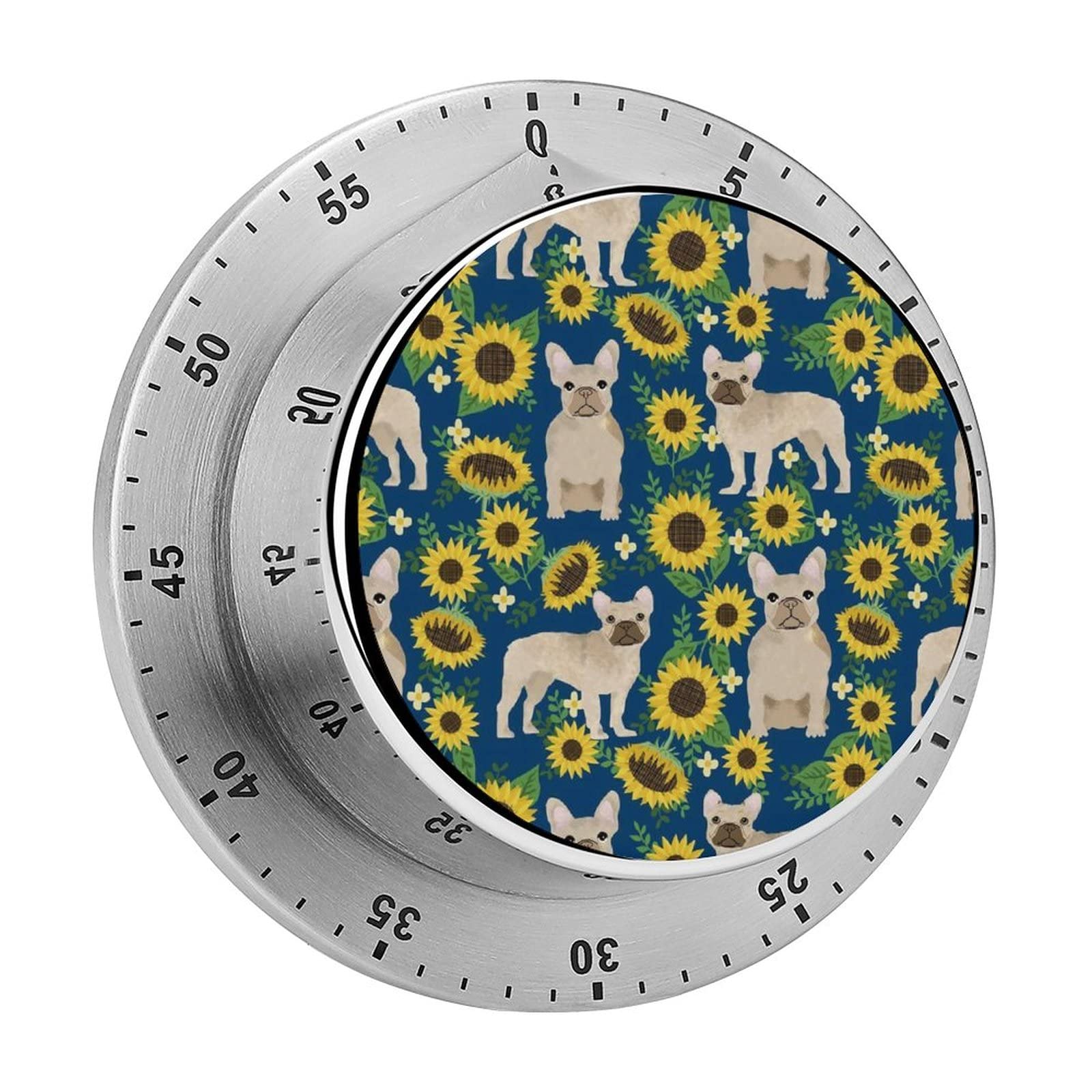 Premium Stainless Steel Kitchen Timer with Magnetic Back - Digital Countdown Timer for Cooking, Baking, Washing | Ideal for Home Chefs, Bakers & Laundry Use | French Bulldog & Sunflower Design