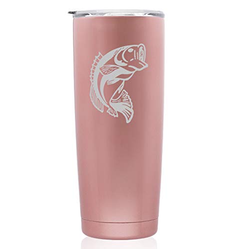 Premium Rose Gold Double Wall Vacuum Insulated Stainless Steel Tumbler - 20oz Skinny Travel Mug with Bass Fish Design | Keeps Drinks Hot/Cold for Hours | Perfect for Coffee, Tea, Camping, Office & Outdoor Adventures