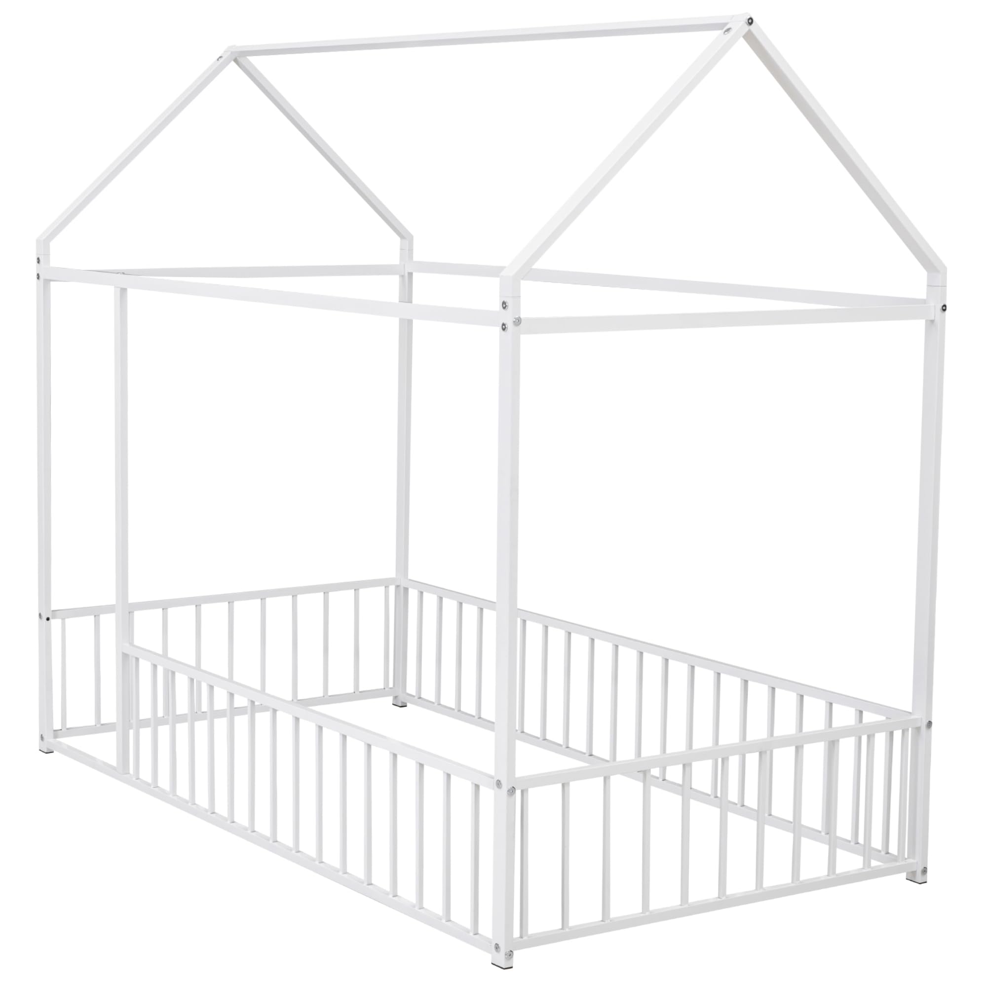 Montessori Twin Size Floor Bed for Kids - White Metal House Bed Frame with Safety Fence | Playhouse Design for Toddlers & Children | Perfect for Bedrooms, Playrooms & Montessori Learning Spaces