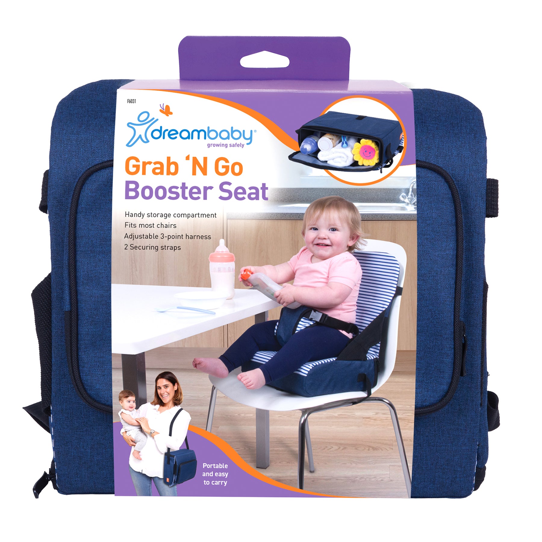 Dreambaby® Grab 'N Go Portable Booster Seat for Kids - Navy Blue | Lightweight Travel High Chair for Dining Out, Camping & Road Trips | Safe & Comfortable Toddler Feeding Seat