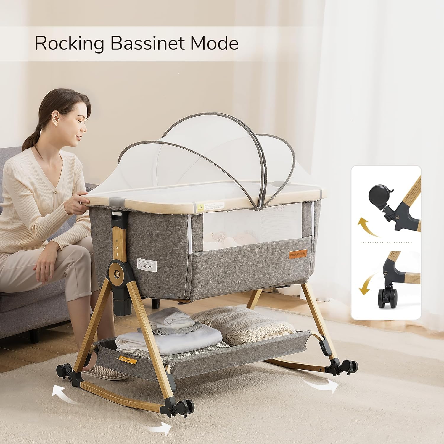 **Maydolly 3-in-1 Baby Bassinet & Bedside Sleeper – Portable Crib with Storage Basket, Wheels & Easy Fold – Newborn to Infant Grey – Perfect for Nursery, Travel & Co-Sleeping**