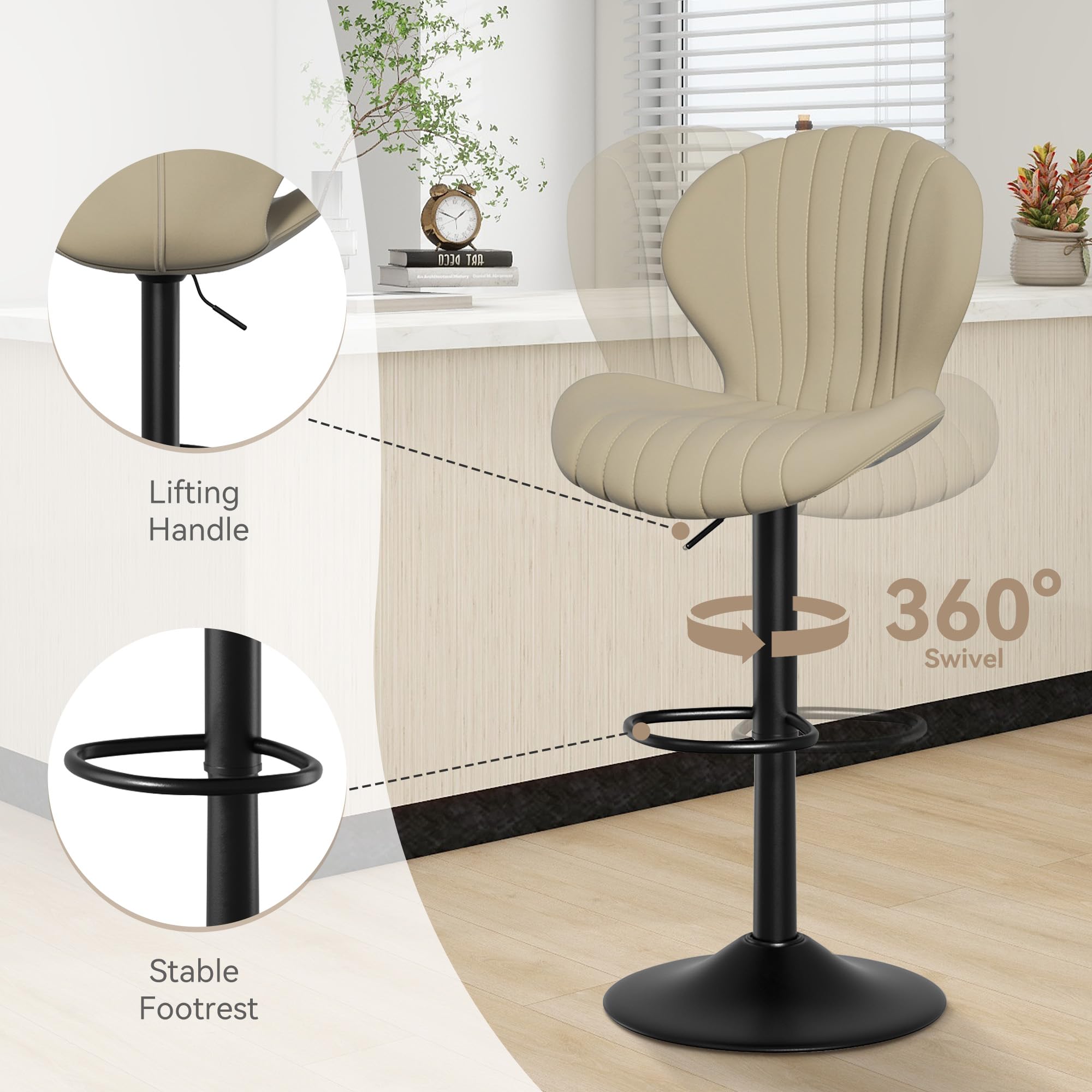 Modern Bar Stools Set of 2 - Adjustable Swivel Counter Height Stools with High Backrest, Beige Kitchen Island Stools for Dining Room, Bar & Home Decor