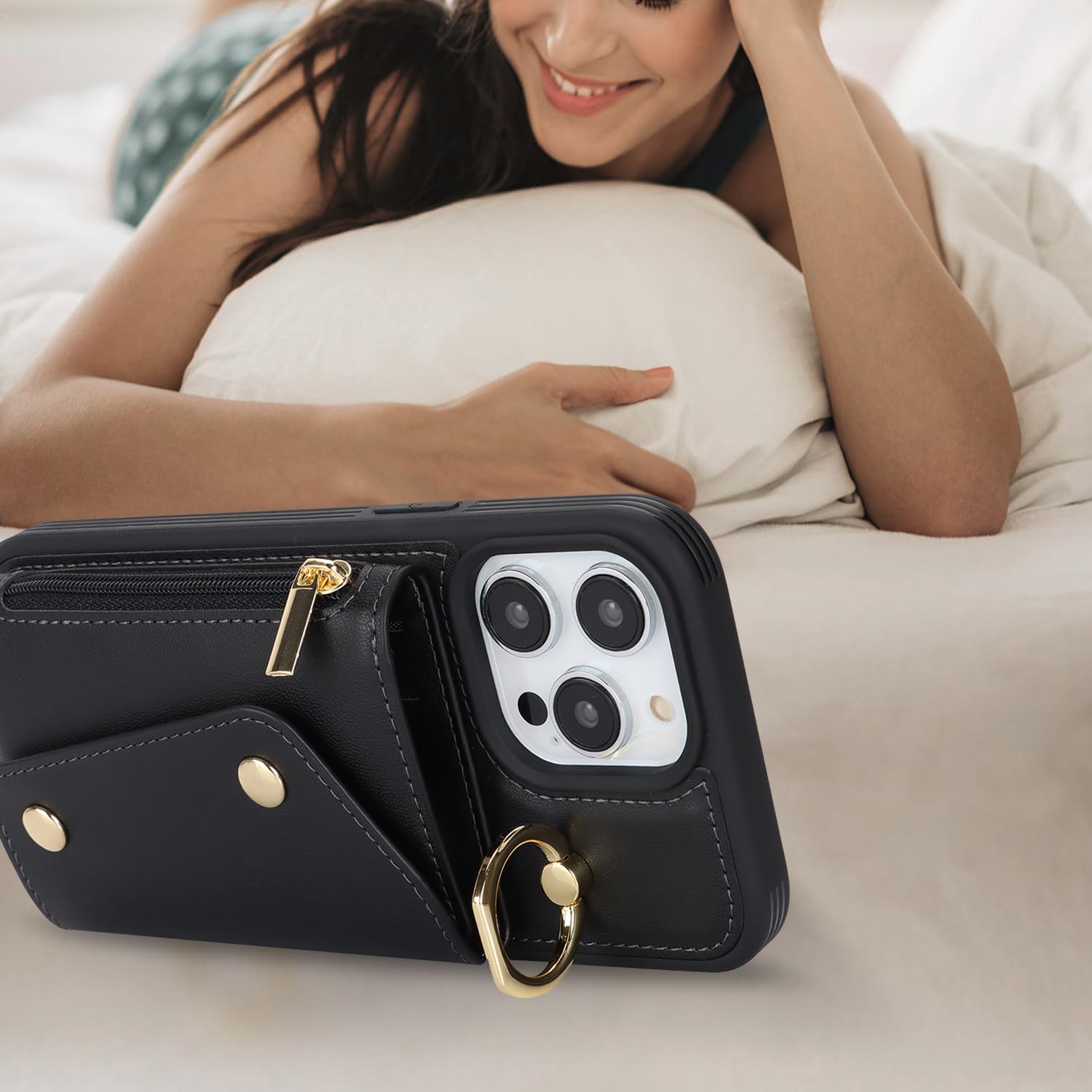 Premium iPhone 15 Pro Case with Card Holder & Crossbody Strap - 6.1 Inch Wallet Phone Case Featuring Zipper Pocket, Stand Ring & Credit Card Slots (Black) - Perfect for Women's Daily Use, Travel, Shopping & Hands-Free Convenience
