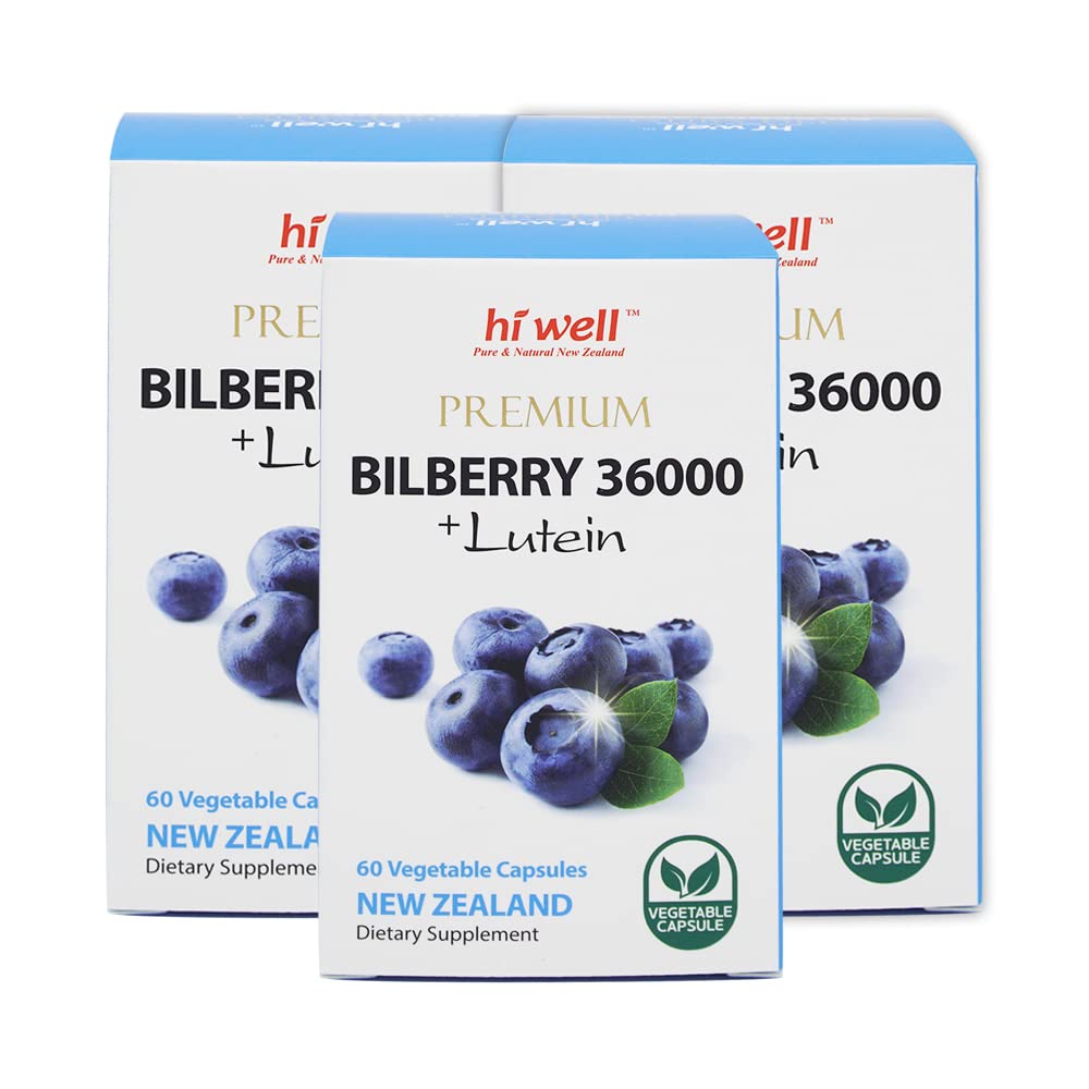 Hi Well Premium Bilberry 36000 + Lutein 60 Vegetarian Capsules (Pack of 3) - Supports Eye Health & Vision Clarity for Gamers, Students & Digital Screen Users