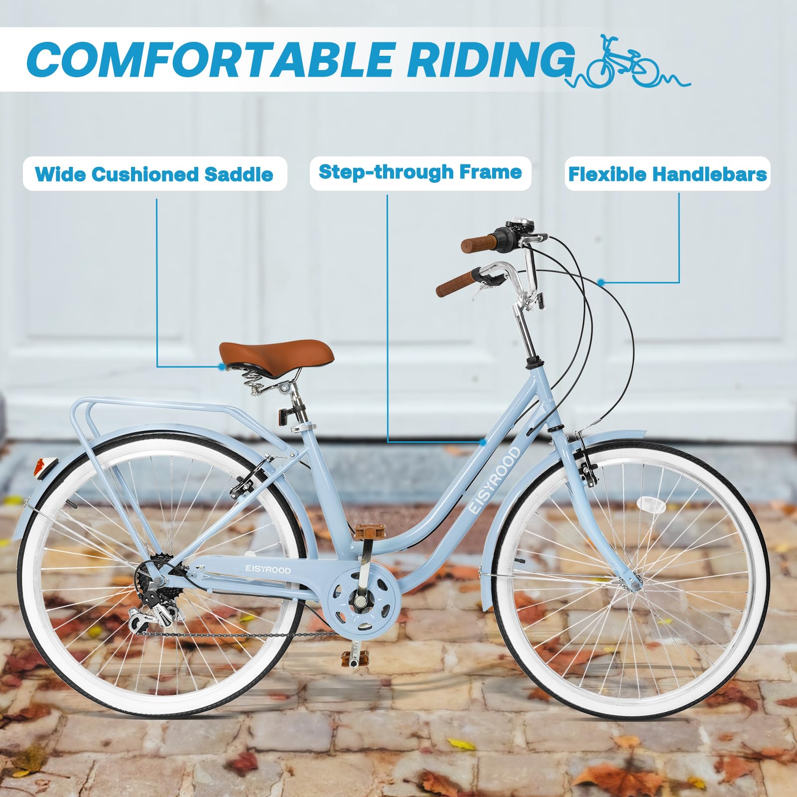 26 Inch Women's Beach Cruiser Bike - 7 Speed Hybrid Cruiser with Adjustable Seat, Lightweight Frame & Anti-Skid Tires - Multiple Colors (Blue) - Perfect for Coastal Rides, City Commuting & Leisure Cycling
