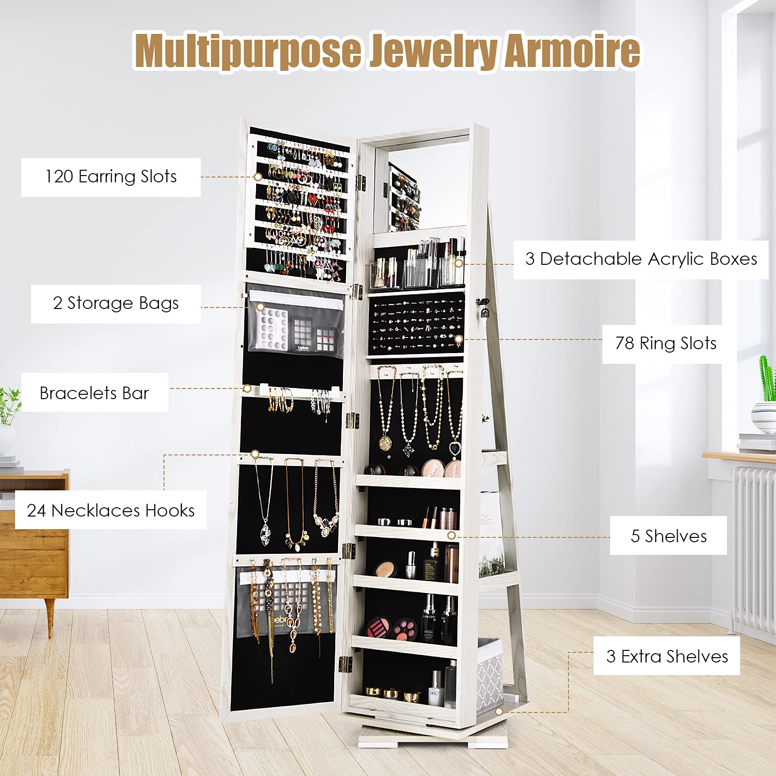 360° Rotating Jewelry Cabinet with Lock - Standing Jewelry Organizer with Full Length Mirror & Storage Shelves | Large Capacity Jewelry Armoire for Bedroom | Perfect for Closet Organization & Dressing Room Decor