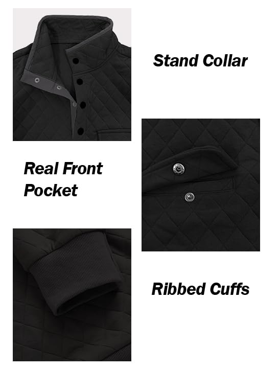 PLEPAN Men's Quilted Long Sleeve Button-Up Sweatshirt - Casual Stand Collar Pullover for Fall & Winter - Perfect for Outdoor Activities, Work & Daily Wear