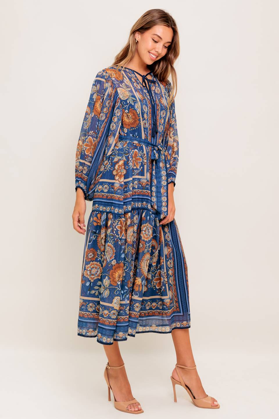 Bohemian Blue Midi Dress with Tapestry Print - Perfect for Beach Vacations, Summer Parties & Boho Fashion