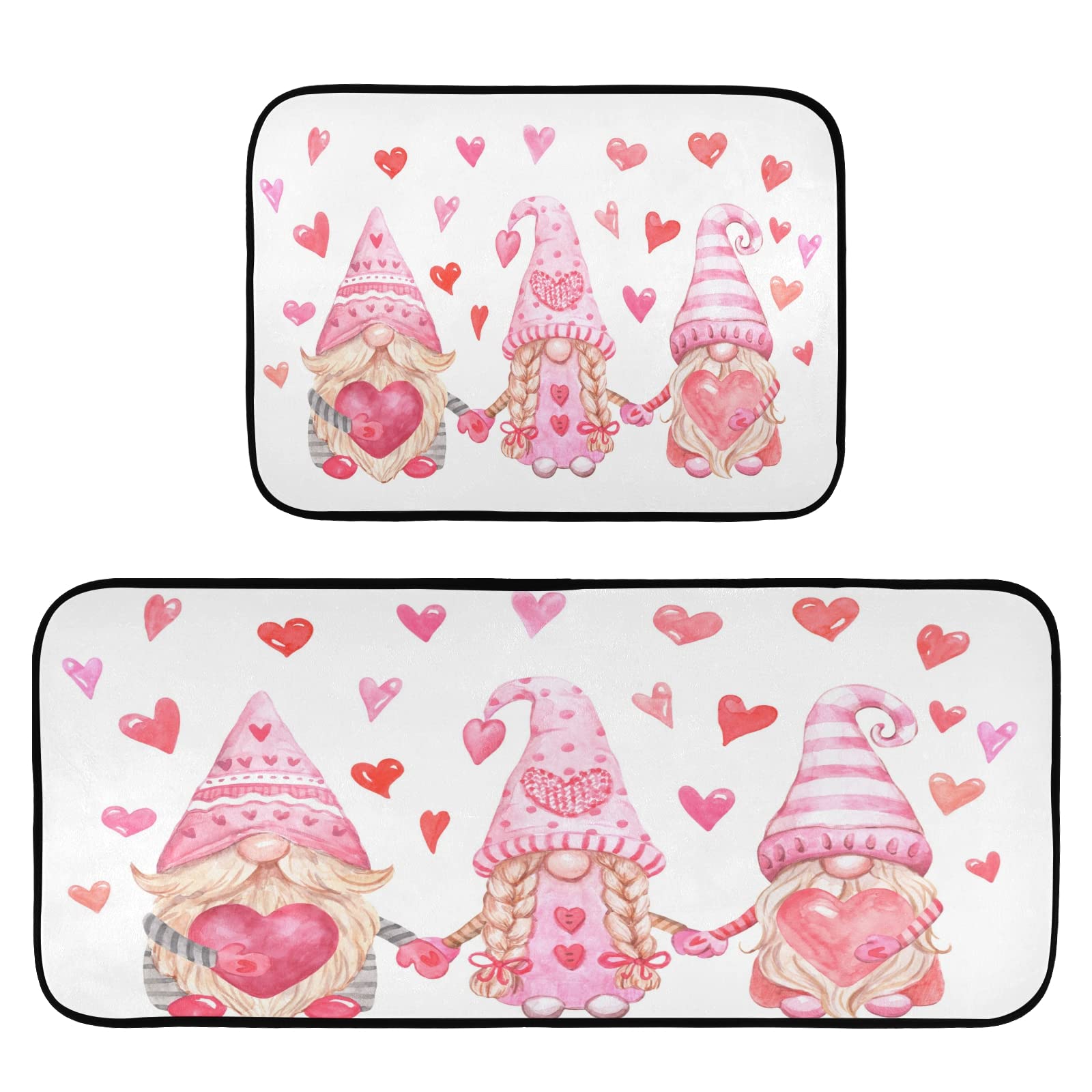 Valentine's Day Gnomes Anti-Fatigue Kitchen Rug Set - 2 Piece Waterproof Non-Slip Floor Mat with Comfort Elastic Cotton Layer for Kitchen, Sink, Laundry Room, Office & Home Decor - Perfect Gift for Couples & Housewarming