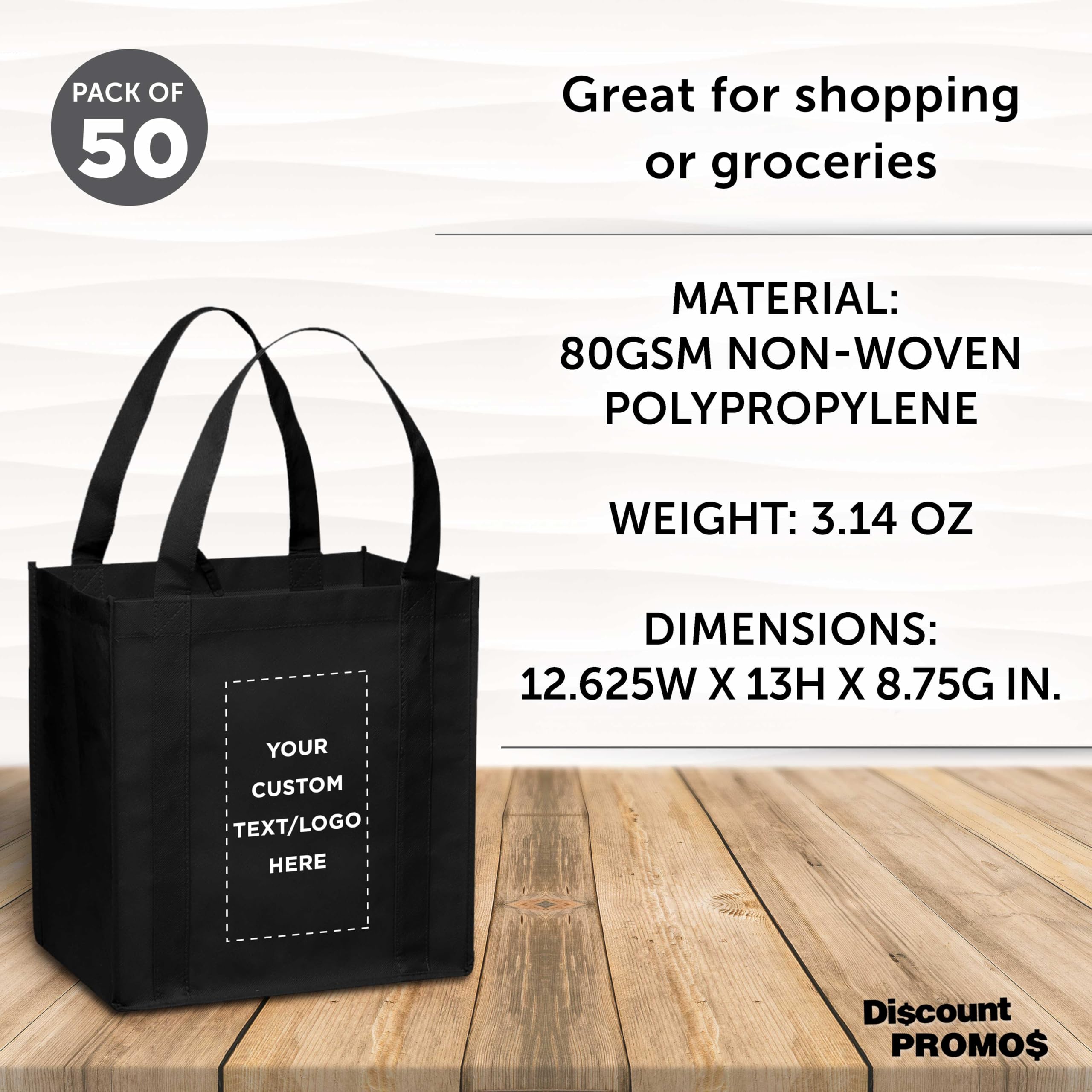 50 Pack Custom Reusable Grocery Tote Bags with Personalized Logo - Foldable Shopping Bags (12.625