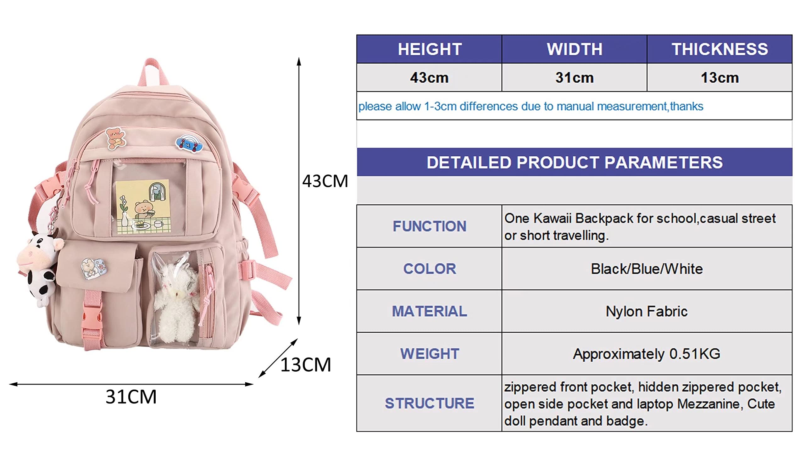 Cute Kawaii Backpack with Plush Pendant & Pins - Aesthetic School Bag for Girls, Teens & College Students | Perfect for School, Travel & Everyday Use