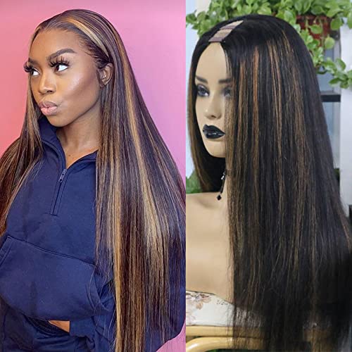 Ombre Highlight Black to Blonde U Part Human Hair Wig - 18 Inch 1X4 Straight UPart Wig with Clips, 180 Density, No Sew Middle Part - Perfect for Daily Wear, Parties, and Special Occasions