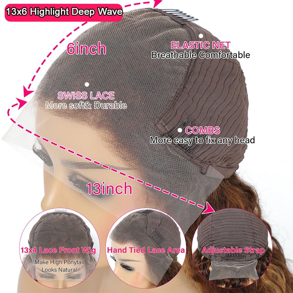 13x6 HD Transparent Lace Front Wig - 180% Density Human Hair Deep Wave Ombre (4/27) - Glueless Curly Lace Wig with Baby Hair for Black Women - 26 Inch Length - Perfect for Daily Wear, Special Occasions & Protective Styling