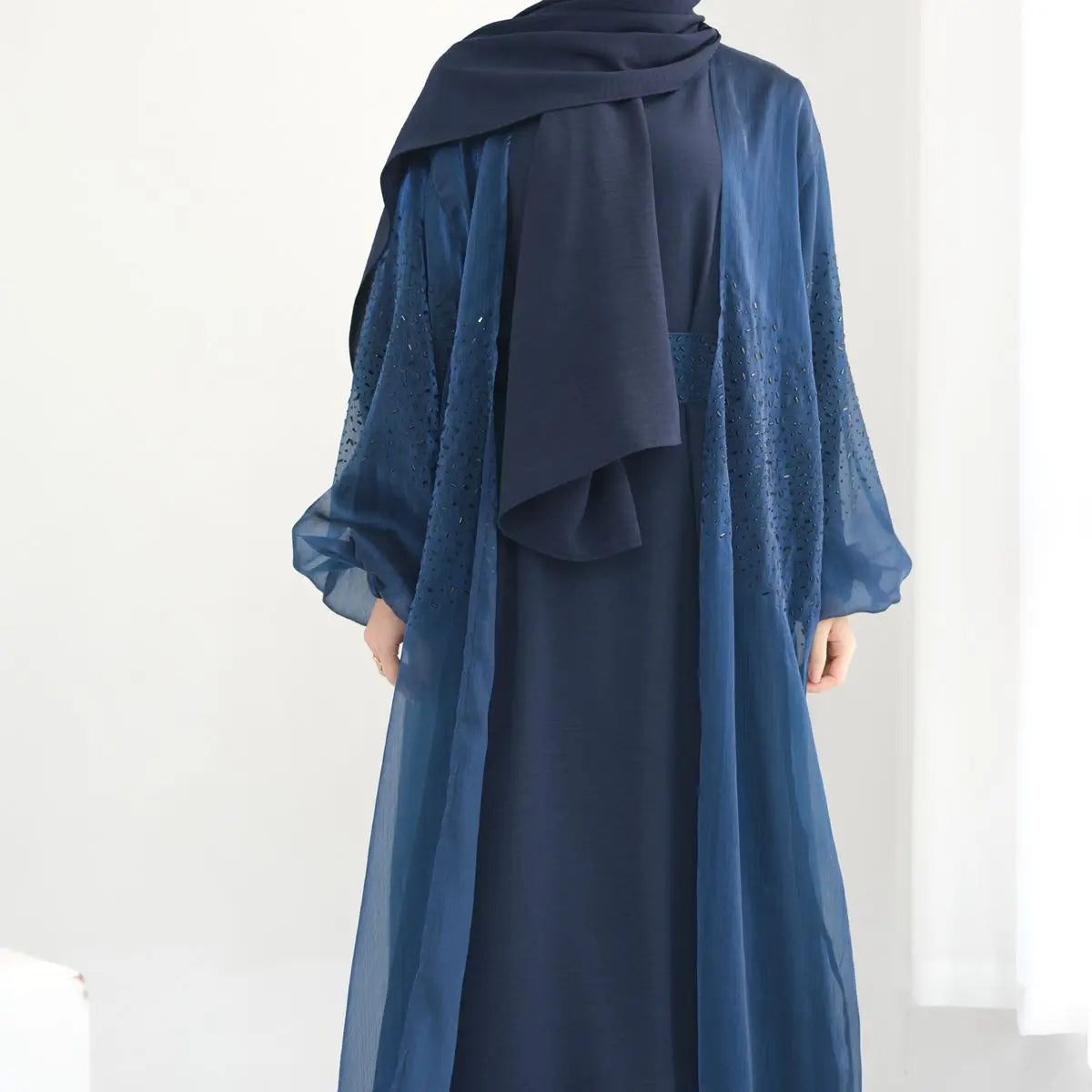 2 Piece Set Bright Wrinkle Puff Sleeve Open Abaya Dress - Elegant Muslim Women's Prayer Dress for Mosque, Eid & Special Occasions