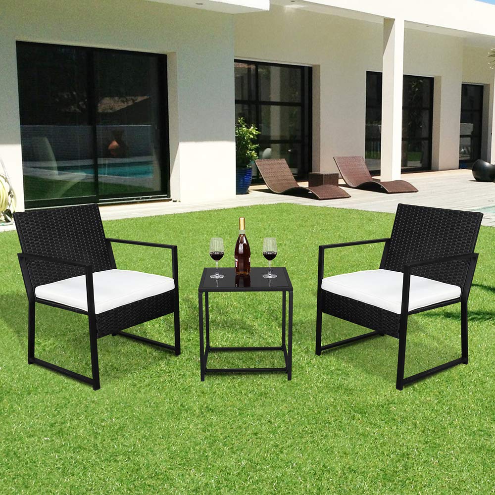 Modern 2-Piece Coffee Table & Rattan Rocking Chair Set - Black Bistro Conversation Furniture for Patio, Garden, or Living Room