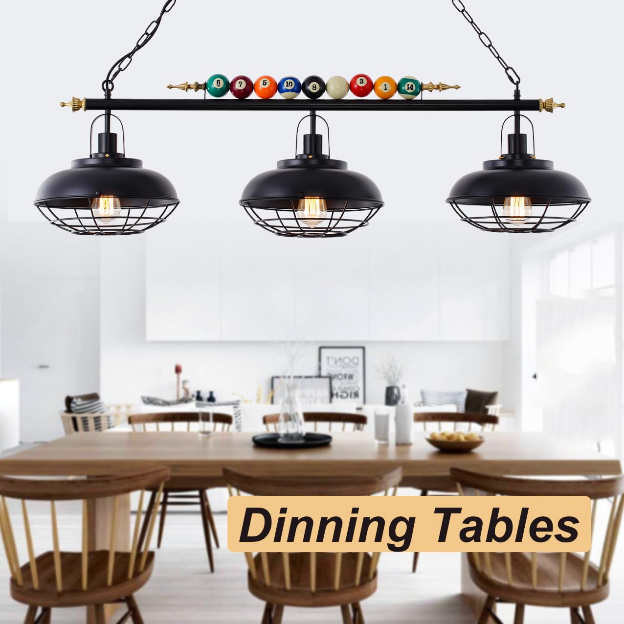Billiard Ceiling Lamp with Real Billiard Ball Design - 3-Light Hanging Pool Table Lighting Fixture with Metal Shades for Game Room, Man Cave & Sports Bar Decor | Perfect for Pool Parties, Home Billiard Rooms & Entertainment Spaces