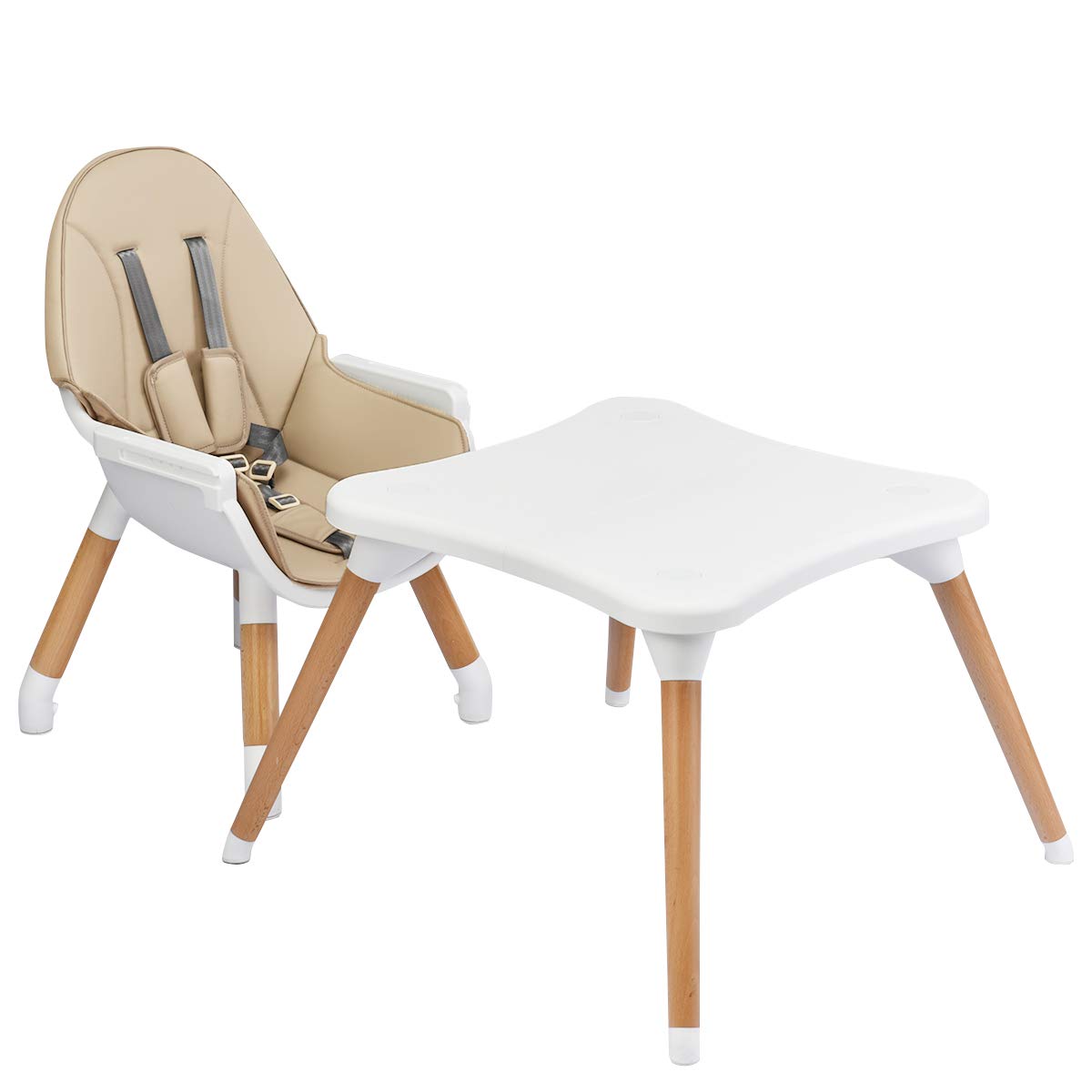 HONEY JOY 5-in-1 Convertible Wooden High Chair for Babies & Toddlers - Adjustable Feeding Tray, Safety Harness, Convertible to Table & Chair Set (Khaki) - Perfect for Dining, Learning & Playtime at Home