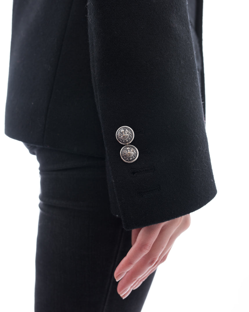 Balmain Black Wool Pea Coat with Silver Buttons - Slim Fit Winter Coat for Women | Elegant Outerwear for Office, Party & Formal Events