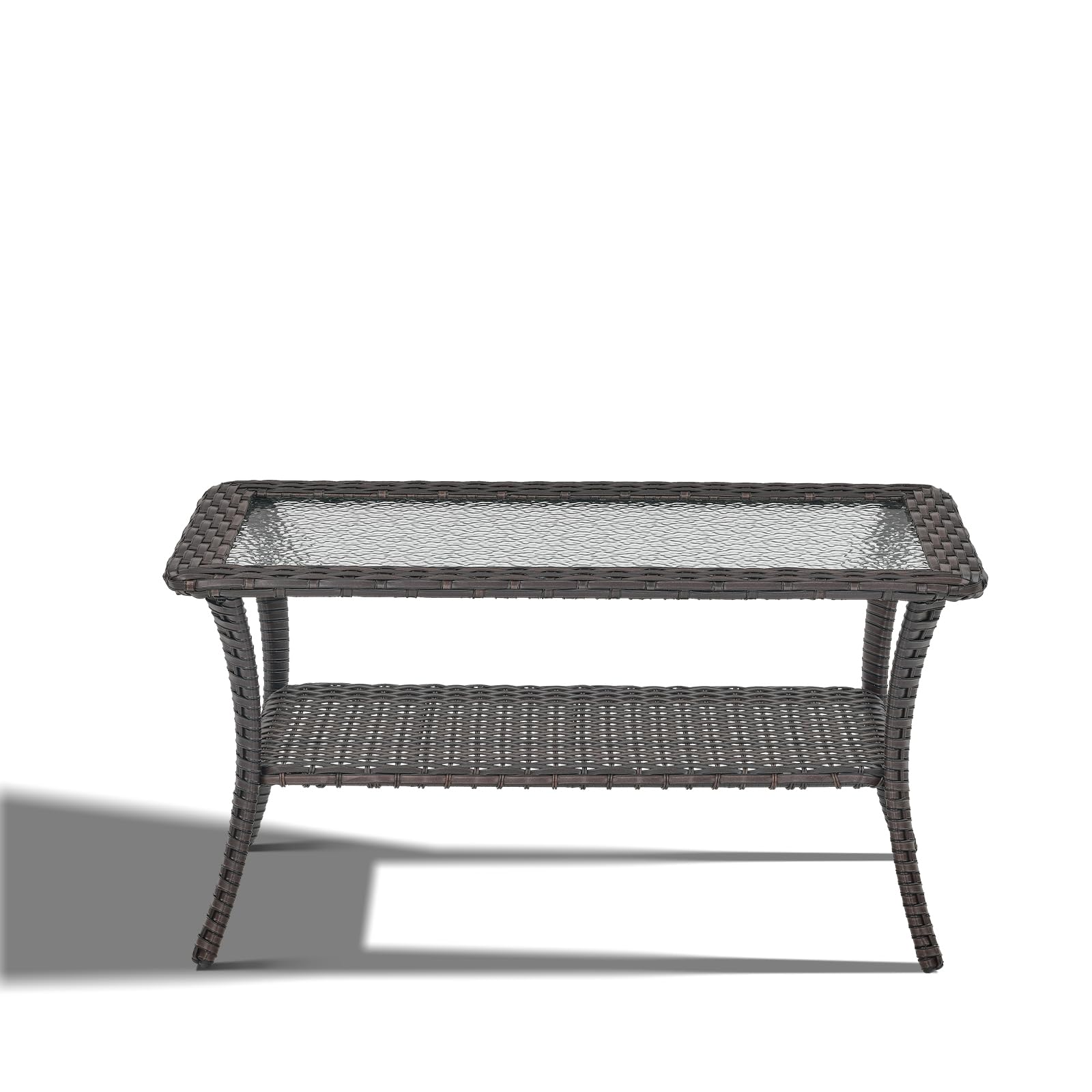 Outdoor Rattan Wicker Coffee Table with Tempered Glass Top & 2-Tier Storage - Patio Furniture for Deck, Porch, Balcony, Garden - Brown - Perfect for Outdoor Entertaining and Relaxation
