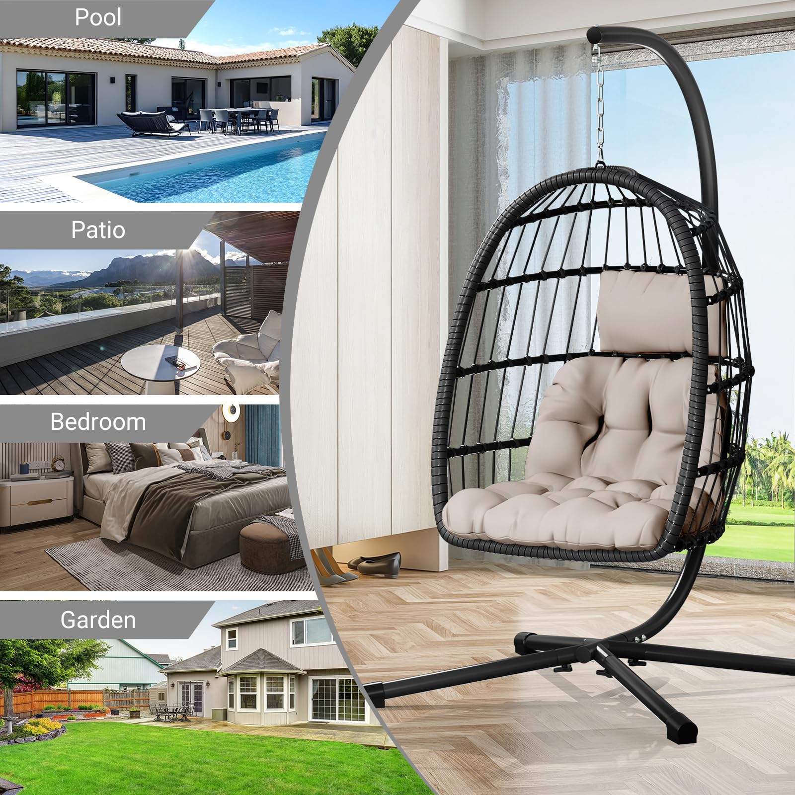 Egg Chair with Stand - Patio Rattan Wicker Hanging Swing Chair for Bedroom, Porch & Garden - Thickened Aluminum Alloy Steel Frame & UV-Resistant Cushion - 350LBS Capacity - Perfect for Relaxing Outdoors or Indoor Lounging
