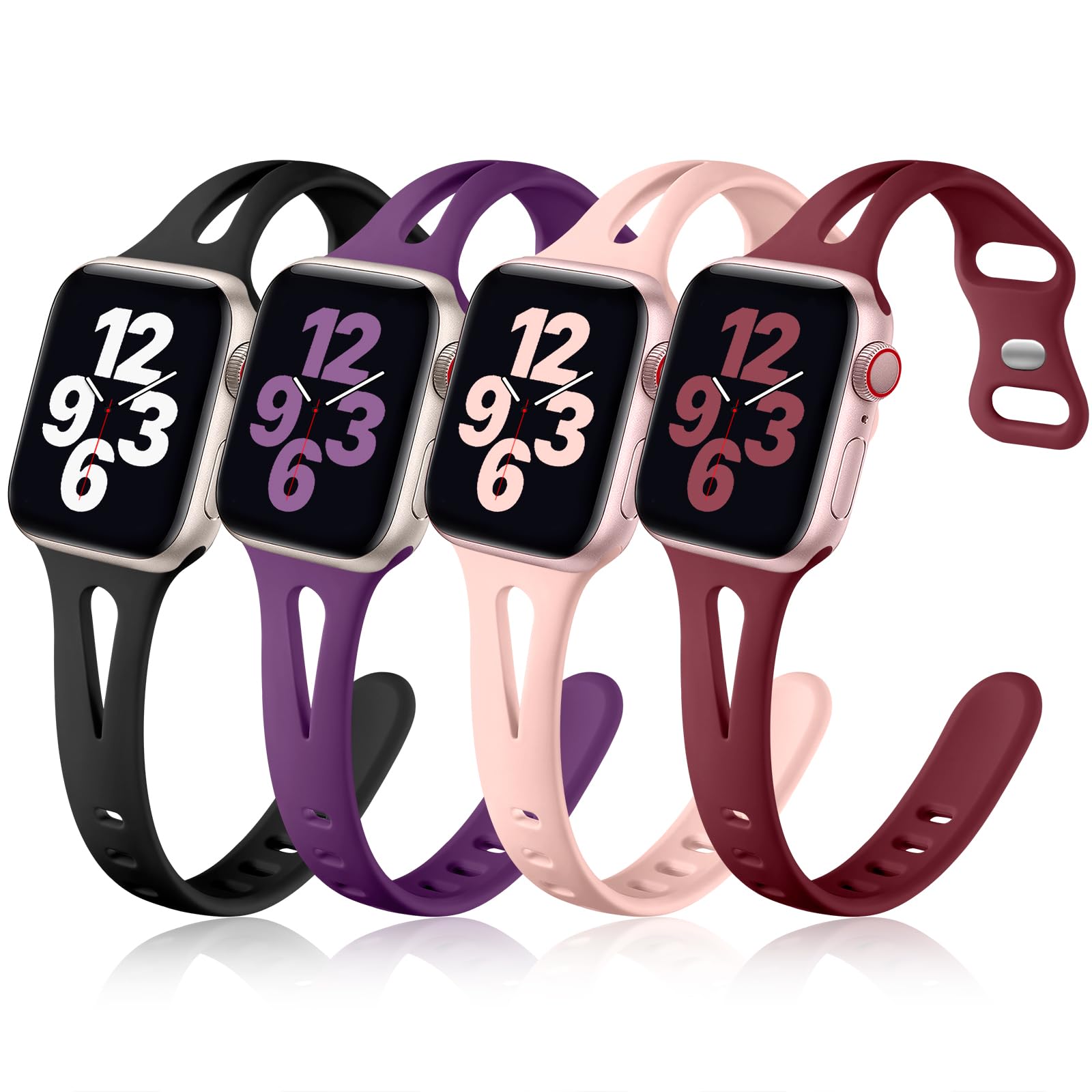 Getino Soft Silicone Sport Band Compatible with Apple Watch 42mm 44mm 45mm 46mm 49mm - for iWatch Series 1-10, SE & Ultra - Slim Comfortable Strap for Women & Men (Black/Purple/Pink Sand/Wine Red) - Perfect for Workouts, Running & Everyday Wear