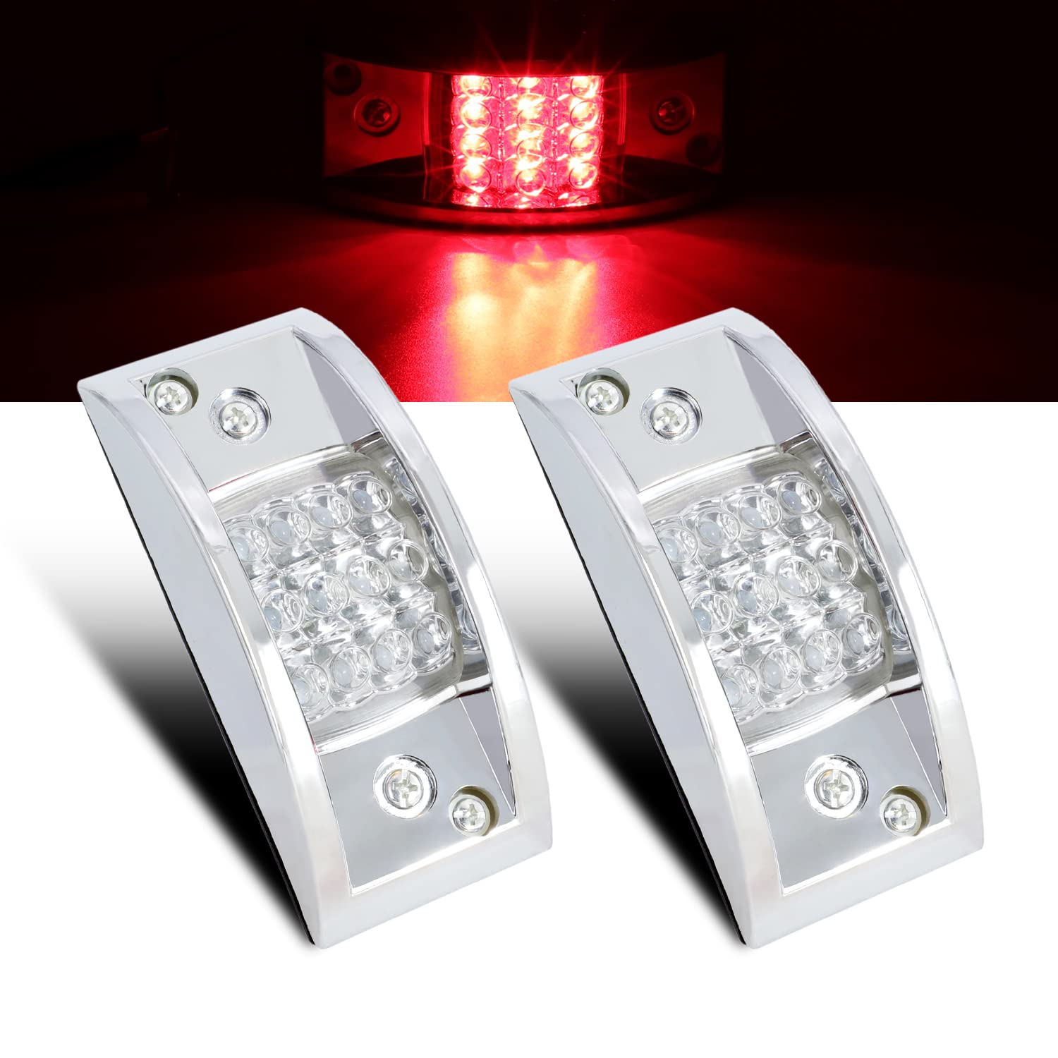 2 Pcs Clear Lens Red LED Side Marker Lights - 12 LED Rectangle Clearance Lights for Trailer, Truck, Pickup, RV, SUV, Bus - Chrome Housing 12V DC - Perfect for Night Driving & Vehicle Safety Enhancement