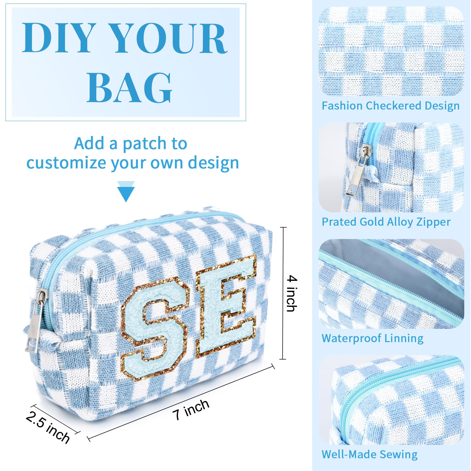 Preppy Checkered Makeup Bag - Blue Cosmetic Pouch for Women | Personalized Travel Toiletry Organizer | Cute DIY Makeup Brushes Storage | Bulk Wholesale | Perfect for Travel, Gym & Daily Beauty Routine