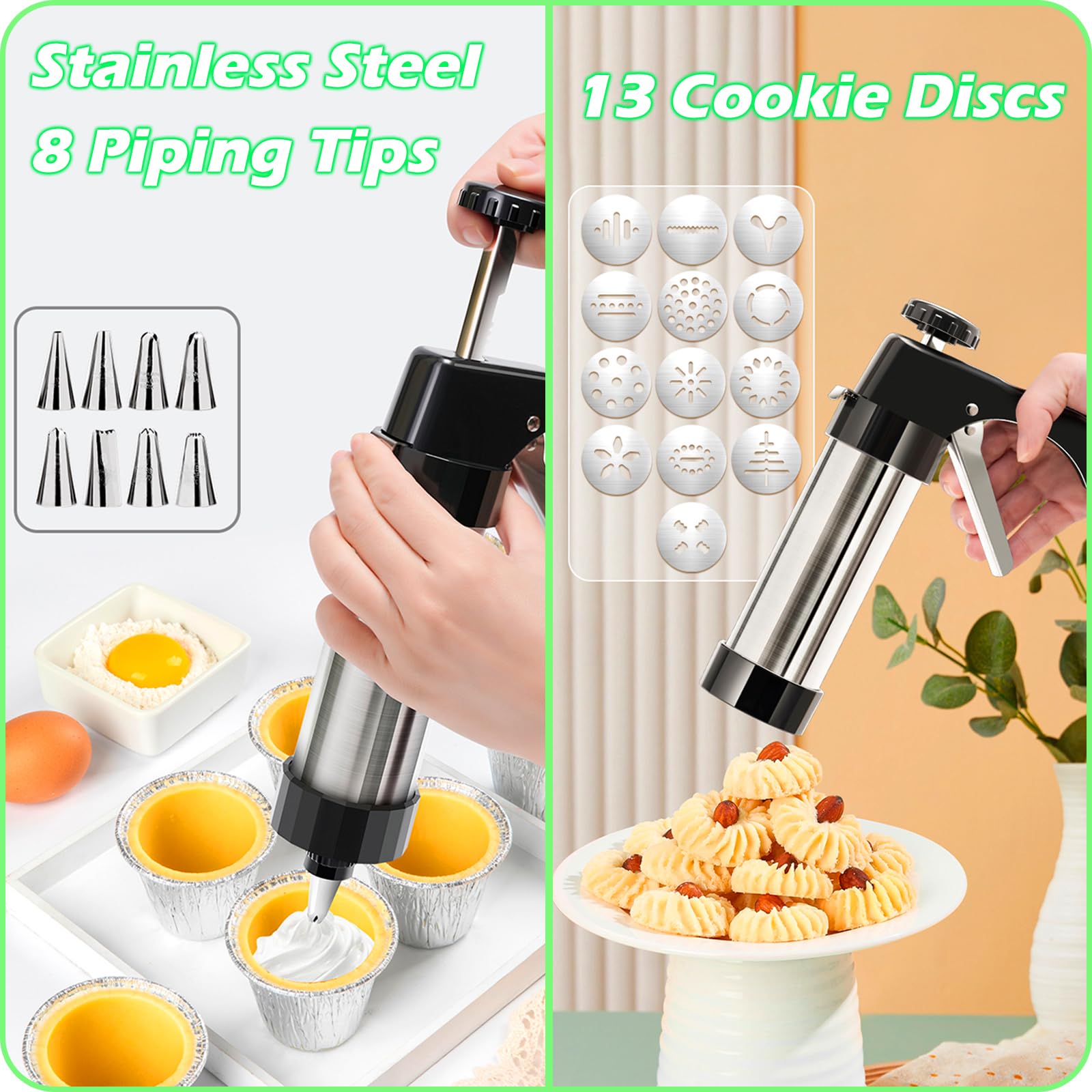 Suuker Stainless Steel Cookie Press Gun Kit - 8 Piping Tips & 13 Cookie Discs for Baking, Cake Decorating, Holiday Cookies, and DIY Dessert Making (Perfect for Christmas, Weddings, and Home Baking)