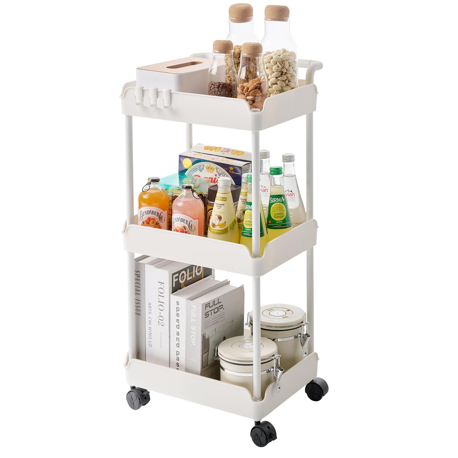 VEVOR 3-Tier Rolling Utility Cart with Lockable Wheels - White Plastic Storage Organizer with Handle for Office, Kitchen, Bathroom & Living Room - Easy Assembly Mobile Organizer for Home, Dorm & Workplace