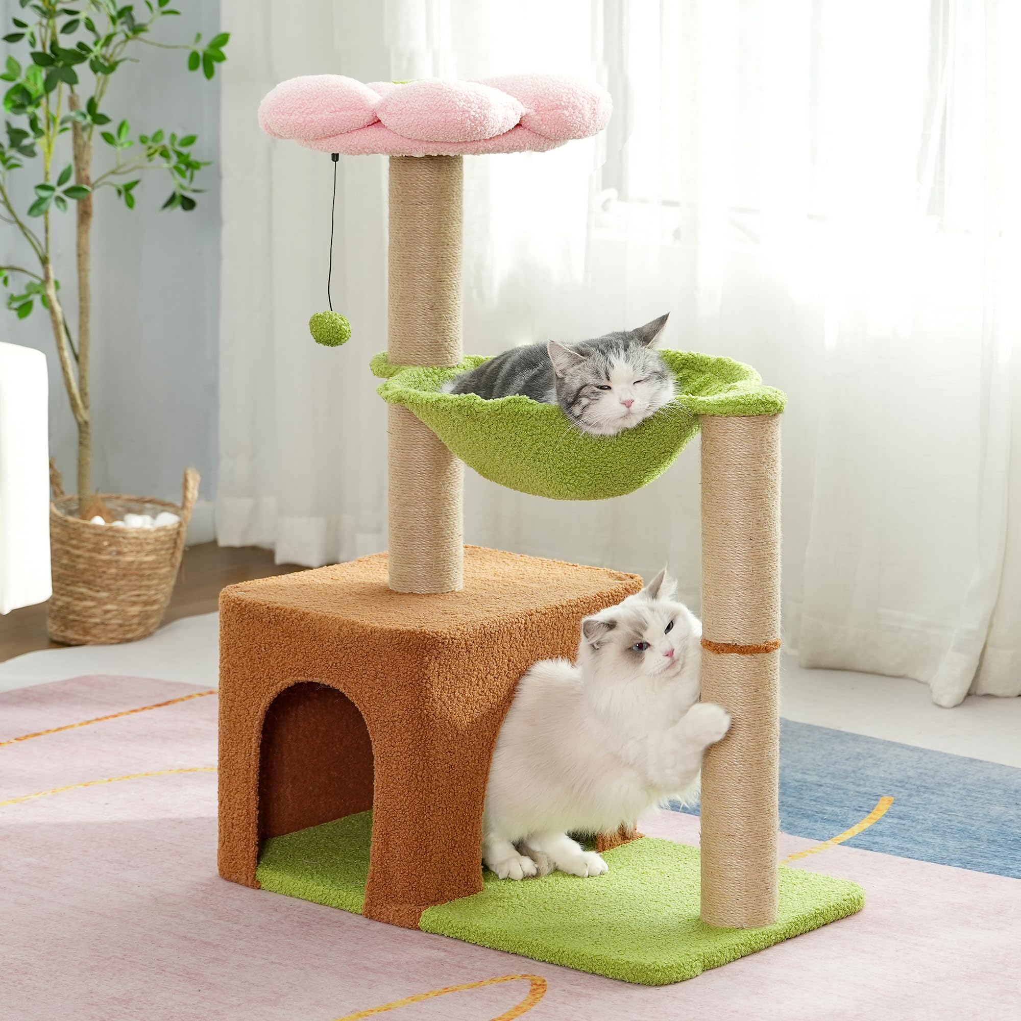 Small Cat Tree with Scratching Post & Hammock for Indoor Cats - Pink Play Space