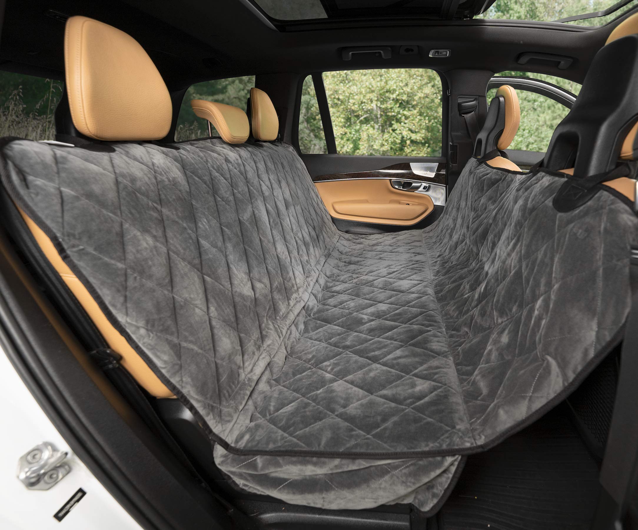 Plush Paws Velvet Rear Car Seat Protector with Hammock - Washable & Waterproof Dog Seat Cover for Cars, Trucks & SUVs - Non-Slip, Tear-Resistant Pet Car Accessory - X-Large London Grey - Perfect for Road Trips & Daily Pet Transportation