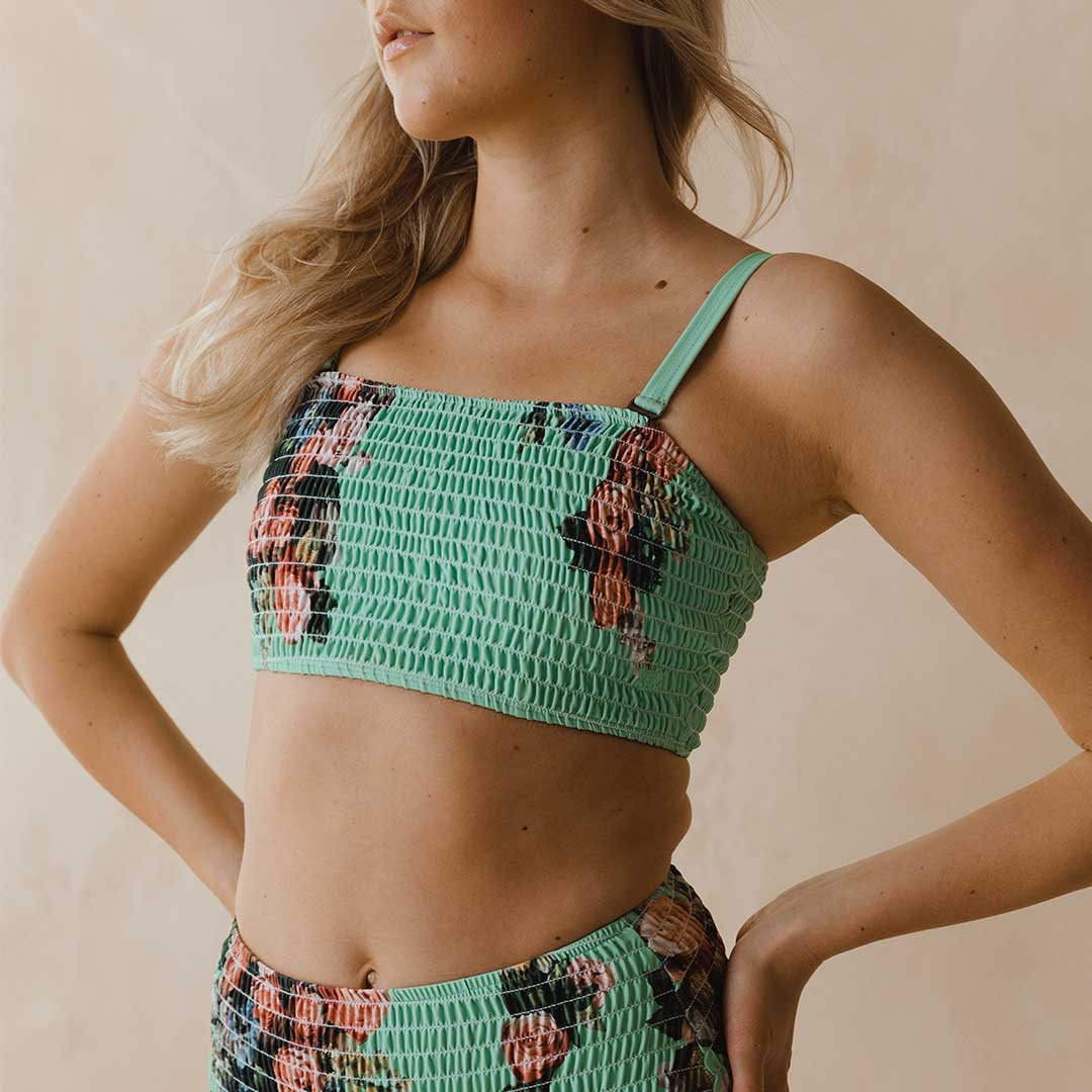 Charlotte Smocked Crop Top - Rose Mint Floral Print Women's Fashion Blouse for Spring & Summer Outfits | Casual Wear, Beach Vacation, Date Night