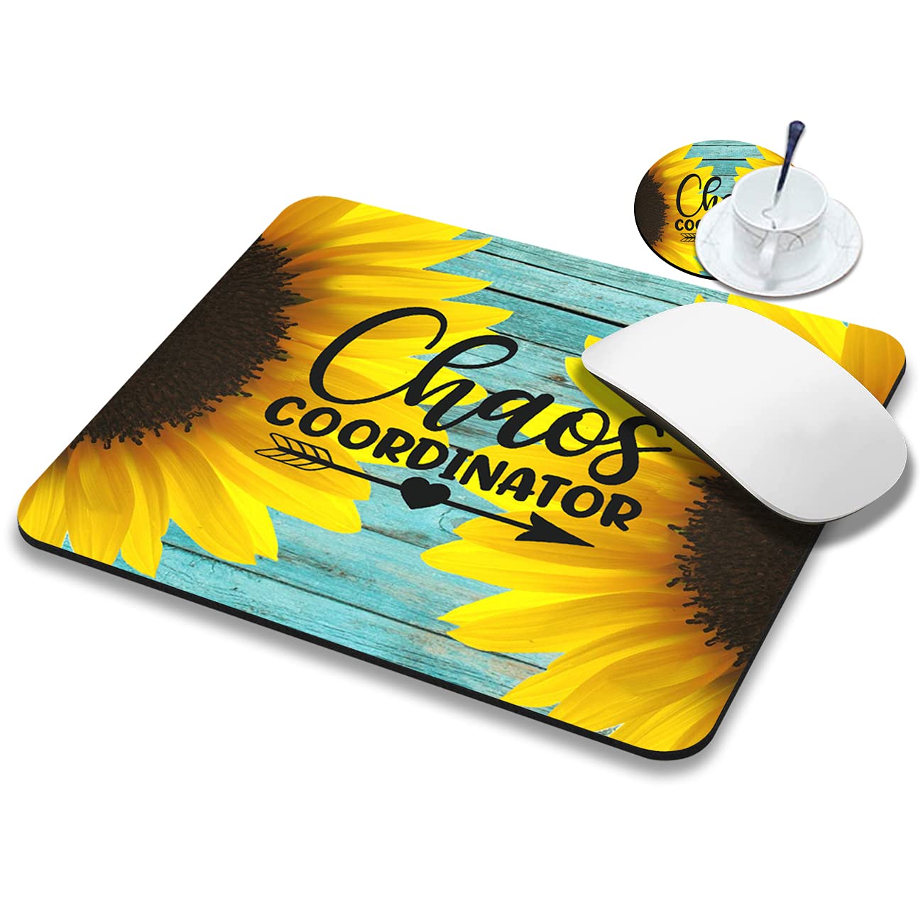 Cute Teal Sunflower Mouse Pad - Non-Slip Square Small Mouse Mat with Free Matching Coaster for Laptop & Computer | Portable Office Desk Accessory for Women | Perfect for Work, Gaming & Home Office Use