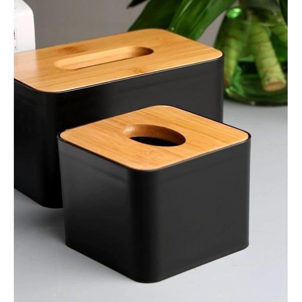 Modern Black Tissue Box with Removable Bamboo/Wood Cover - Home Storage Organizer for Living Room, Bedroom, Office & Bathroom | Stylish and Functional Home Decor