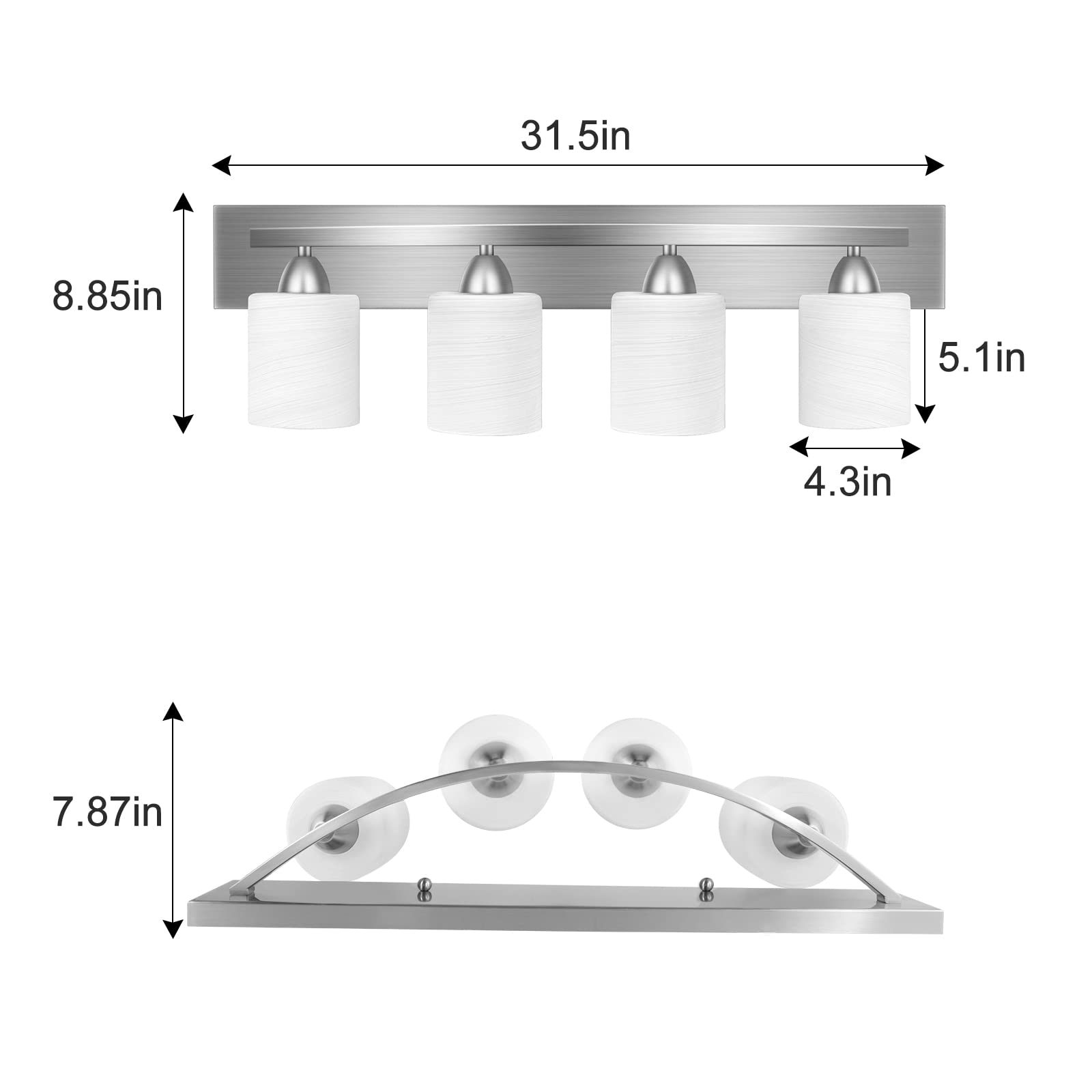PARTPHONER 4-Light Bathroom Vanity Light Fixture Set - 5 Piece All-in-One Bathroom Accessories Including Towel Ring, Robe Hook & Toilet Paper Holder in Brushed Nickel with White Frosted Glass - Perfect for Modern Bathroom, Master Bath & Powder Room Decor