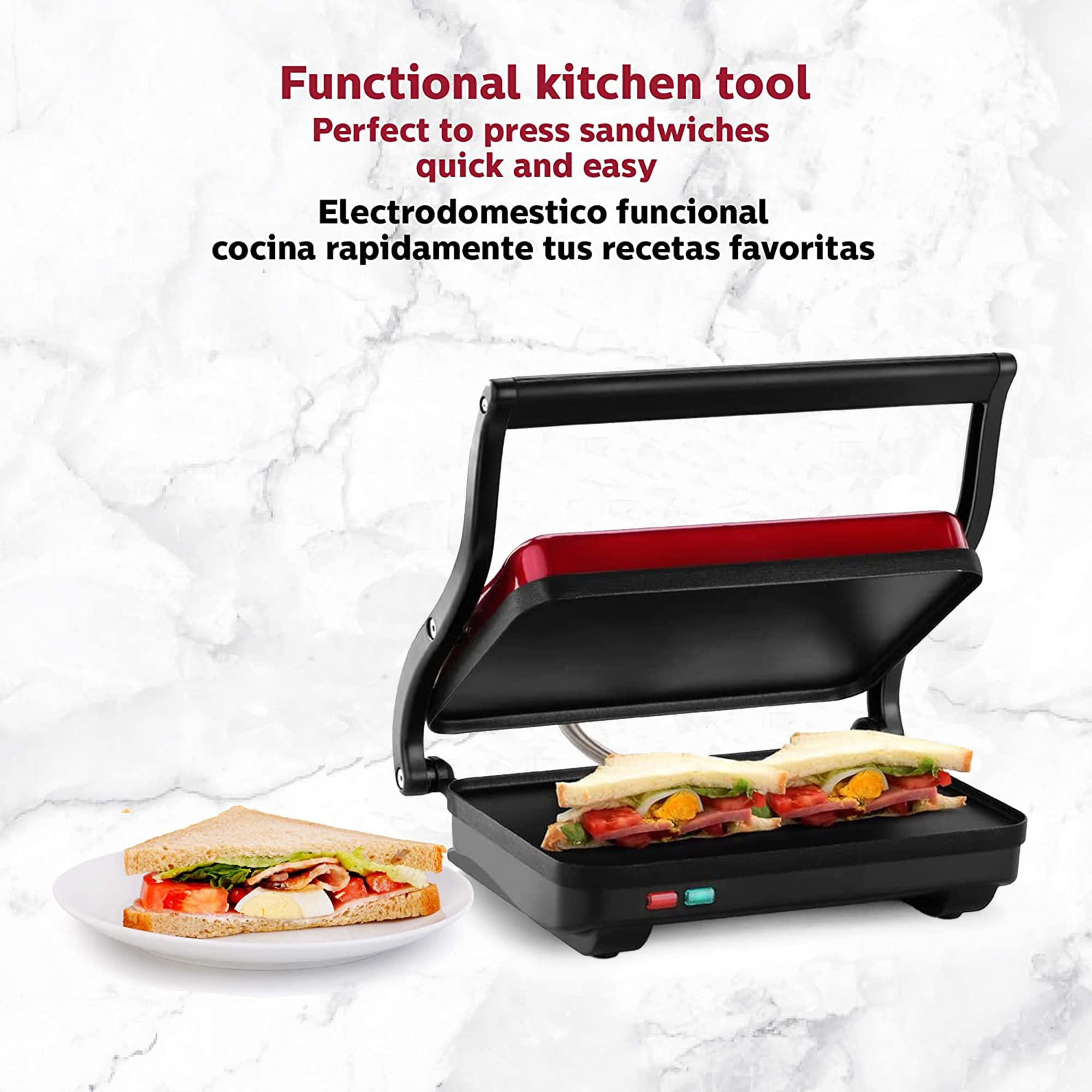 Holstein Housewares Electric Griddle - Nonstick Sandwich Maker & Snack Grill for Paninis, Quesadillas, Breakfast - Perfect for Home, Office & Camping - Metallic Red