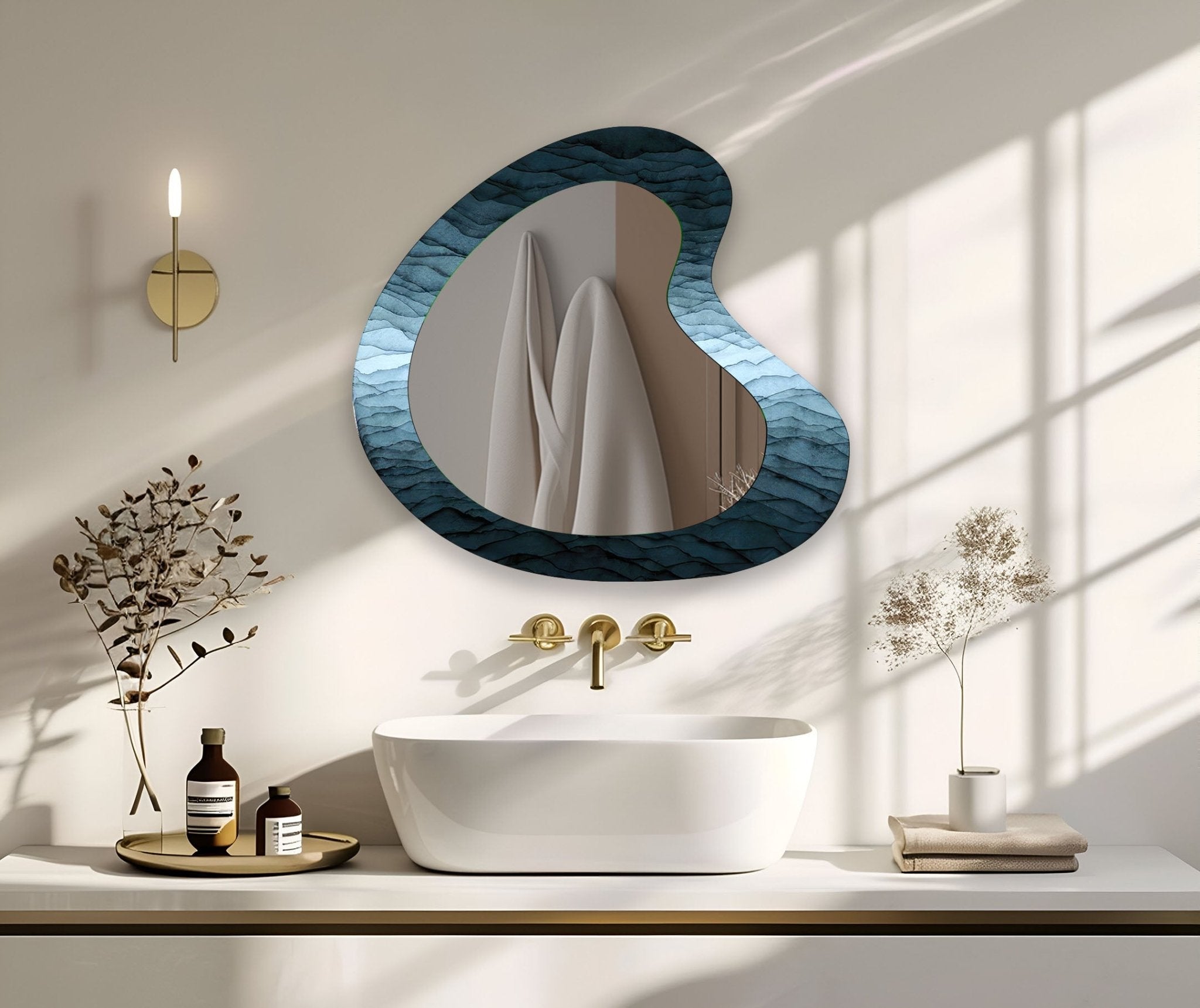 Abstract Blue Asymmetrical Wall Mirror - Modern Decorative Mirror for Living Room, Bedroom, Entryway - Unique Handmade Art Piece for Home Decor