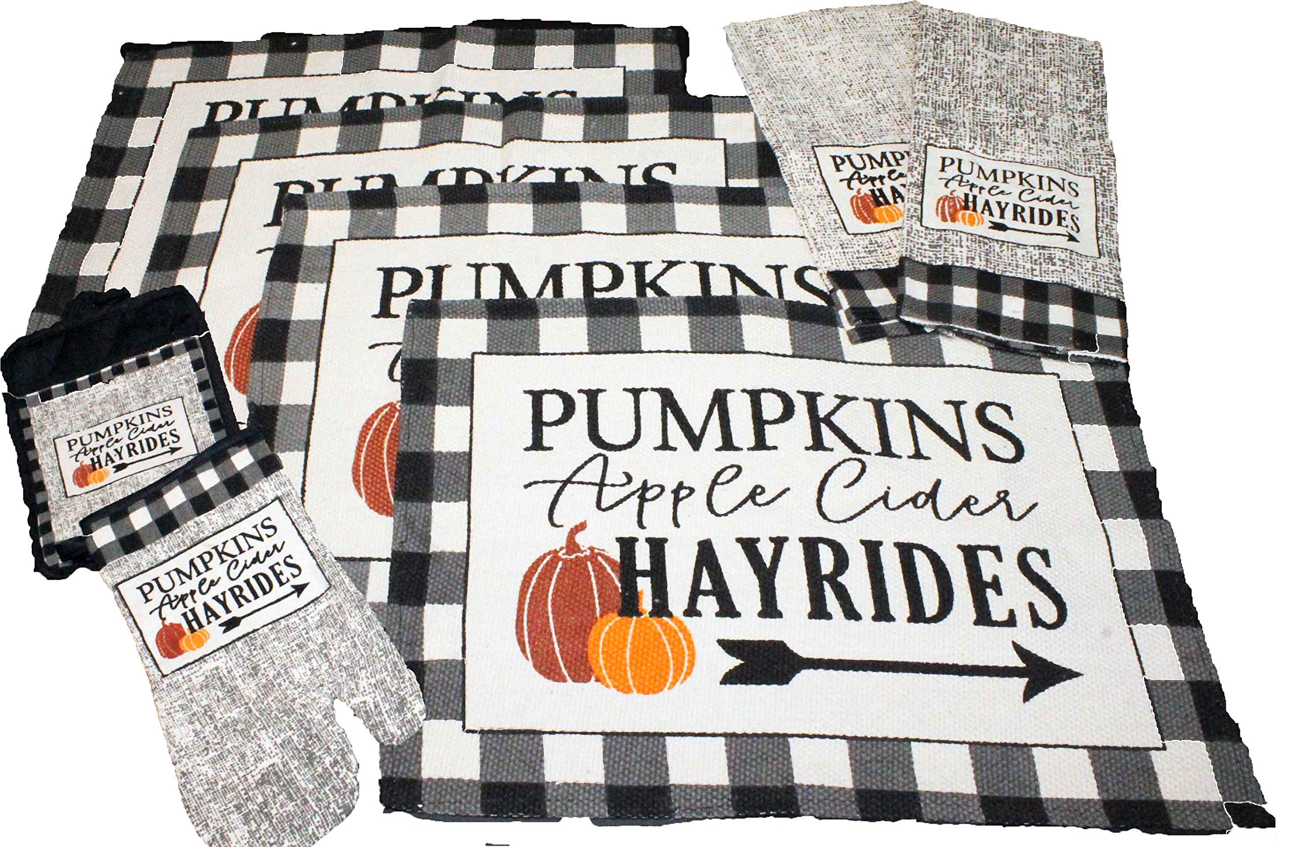 8-Piece Fall Placemats Set - Buffalo Plaid Autumn Table Mats with Apple Cider, Hayrides & Pumpkin Designs - Tapestry Style Seasonal Home Decor for Thanksgiving, Halloween & Cozy Dining Tables