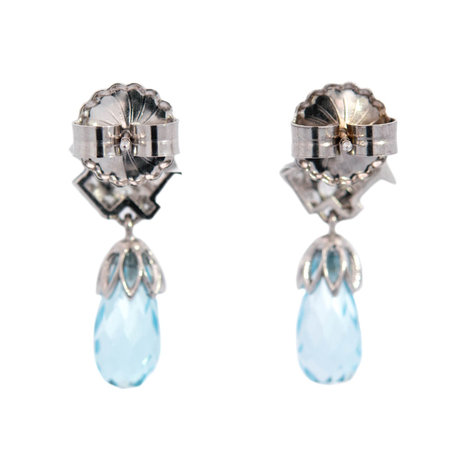 Vintage Art Deco Platinum Aquamarine Briolette & Diamond Drop Earrings – Elegant Dangling Jewelry for Weddings, Parties & Special Occasions