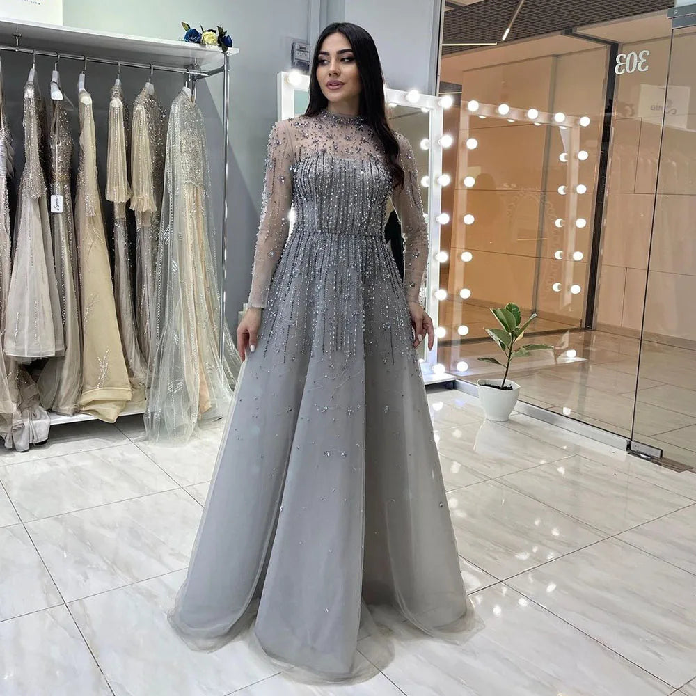 Luxury Sexy Evening Dresses for Women - A-Line Beaded Crystal Lace Gown for Party, Prom & Formal Events | Serene Hill Silver Collection 2025 | LA71227 | Perfect for Weddings, Galas & Special Occasions